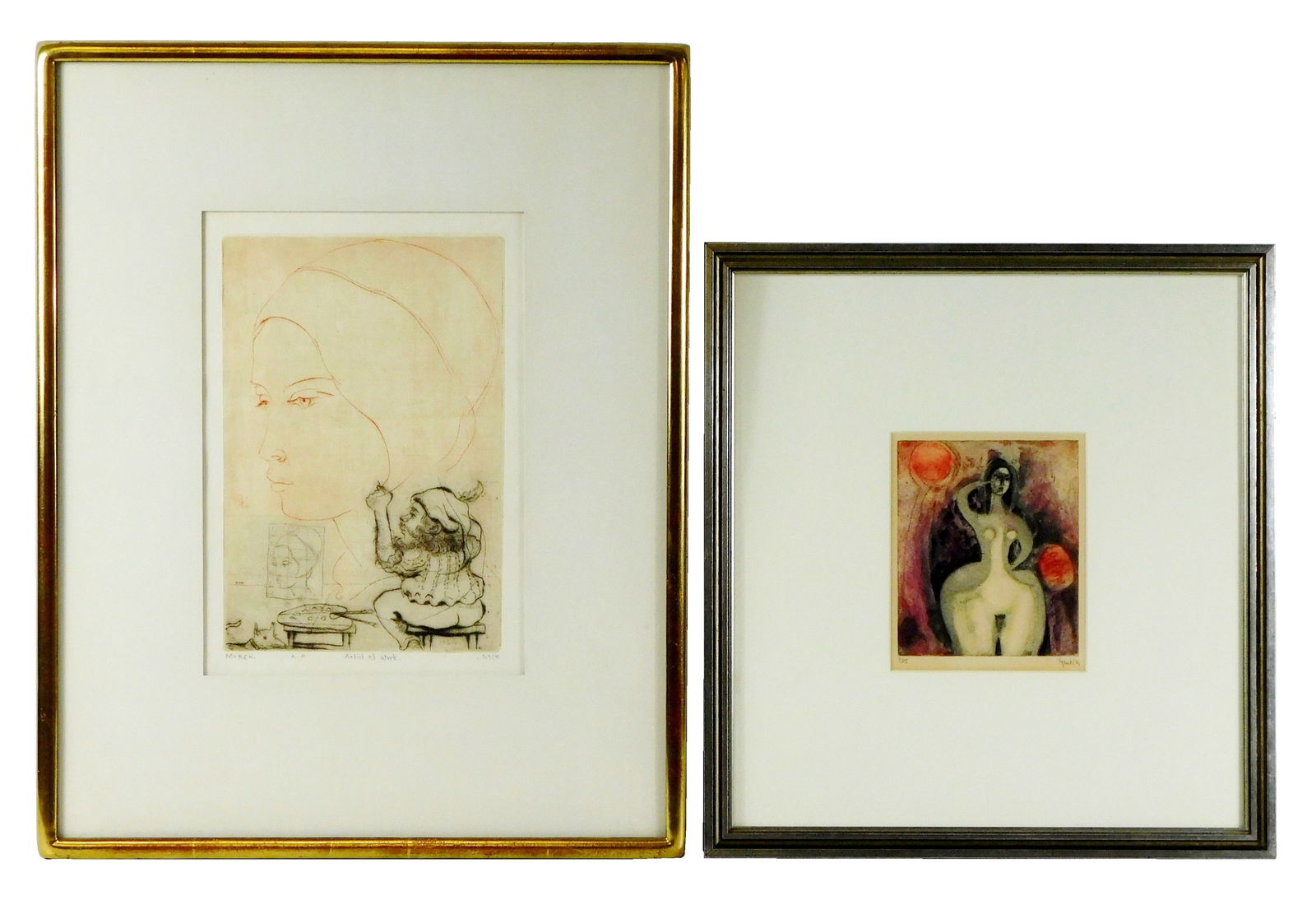 Mordecai Moreh (Israeli, 1937-2004) and other, two etchings, featuring Mordecai Moreh, “Artist at (1 of 7)