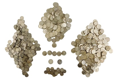 Lot of US silver coins. Includes 336 silver quarters; 344 40% silver half dollars; and seven 90%