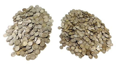COINS: Approximately 600 US silver dimes, and approximately 275 US silver quarters. All are