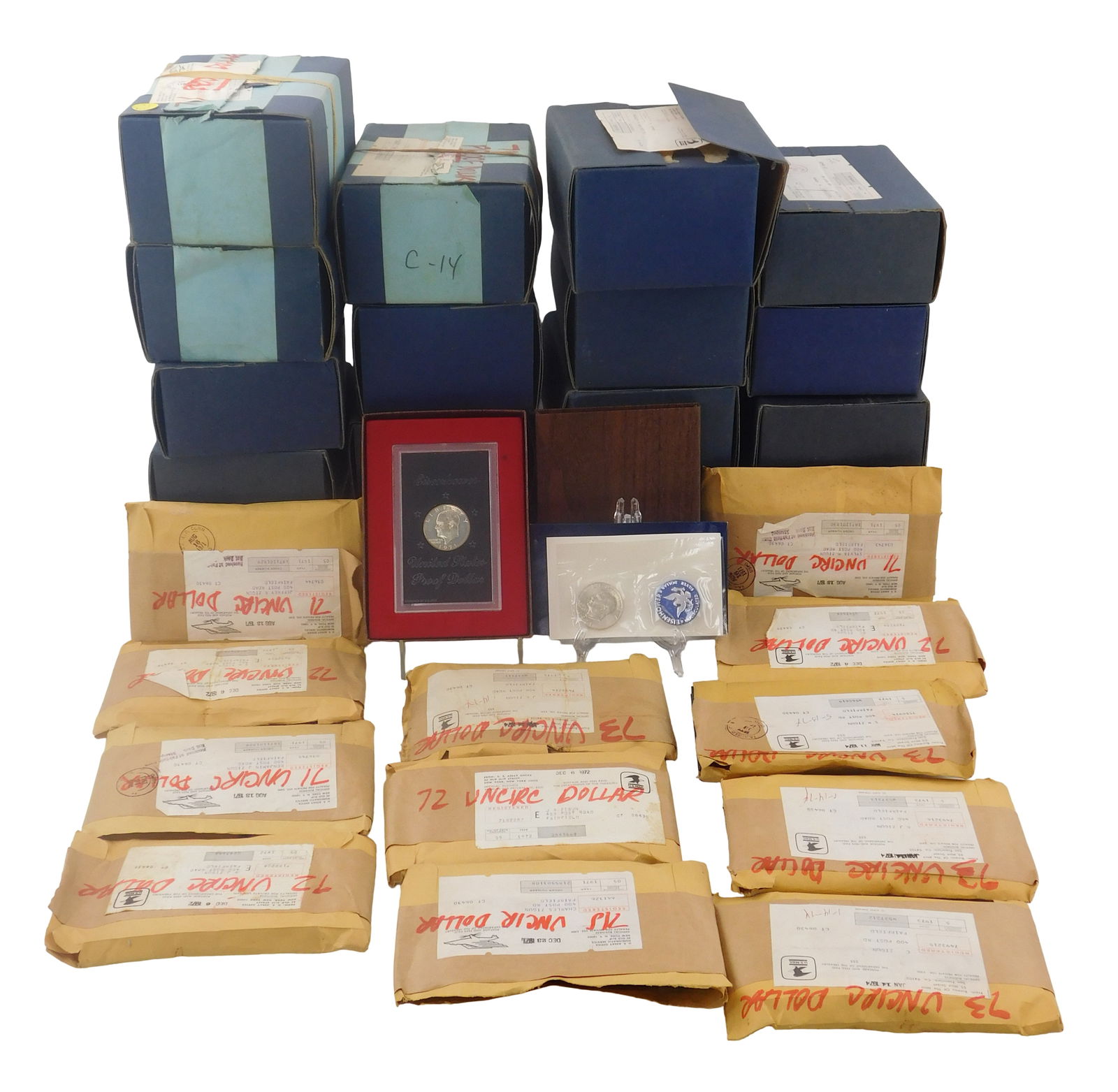 COINS: (Box Lot) Contains 65 1974-S Eisenhower dollar silver proof coins in original boxes. Also (1 of 2)