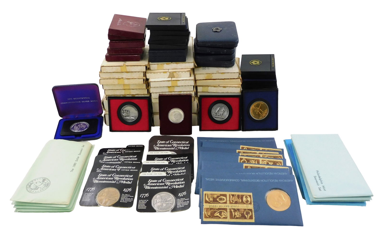 COINS: (Box Lot) Containing US mint medals and coins. Includes: thirty-two bronze (or pewter) (1 of 3)