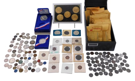 COINS: Lot of US and world coins. Includes a metal file box with approximately 200 wheat cents in