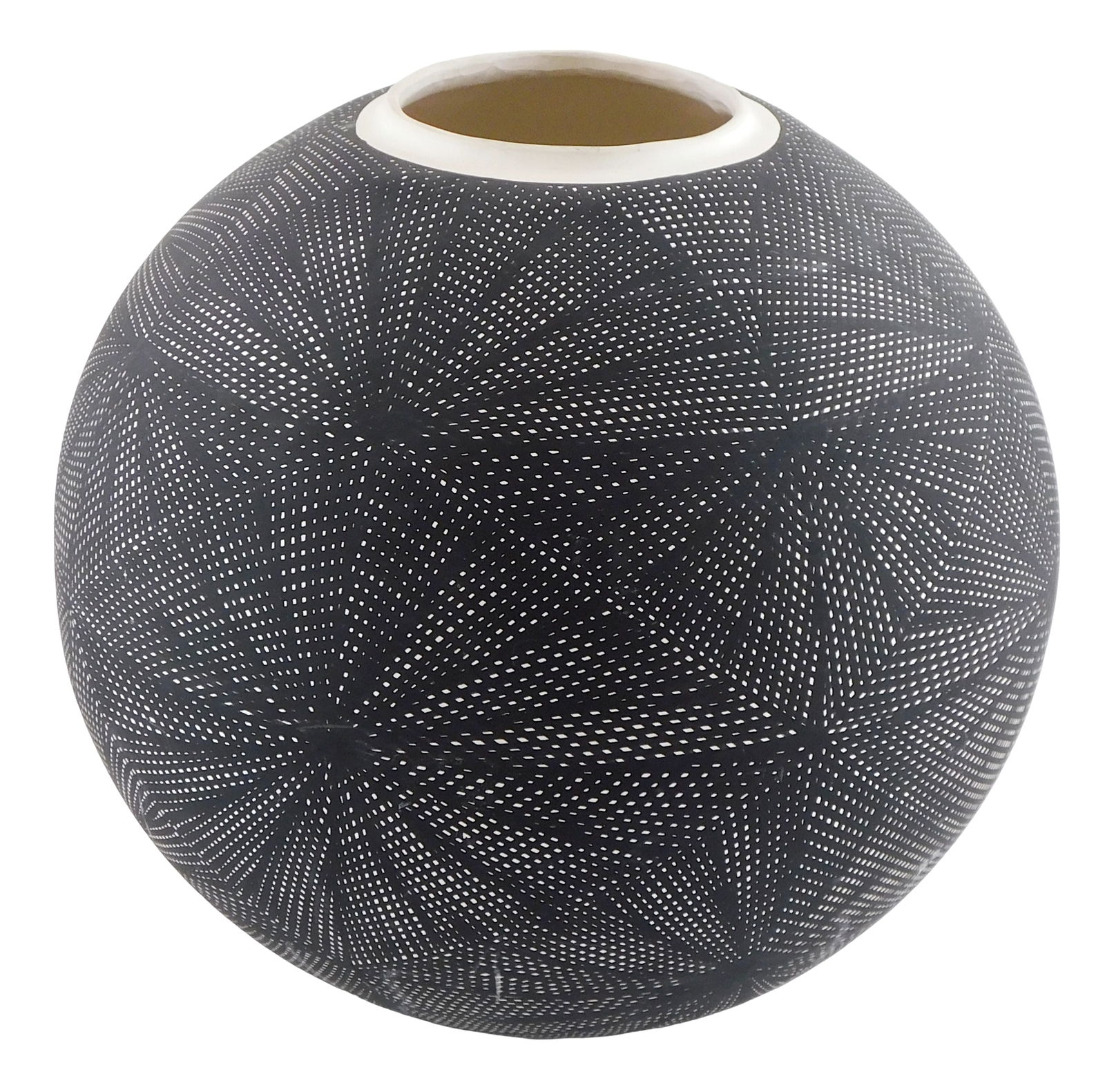 TRIBAL: C. Louis (Native American, b. 1959), Acoma Pueblo, 20th C., large hand-painted ceramic pot,: TRIBAL: C. Louis (Native American, b. 1959), Acoma Pueblo, 20th C., large hand-painted ceramic pot, fine line design, decorated with black geometric decoration on a white ground, etched on base "C. Lo