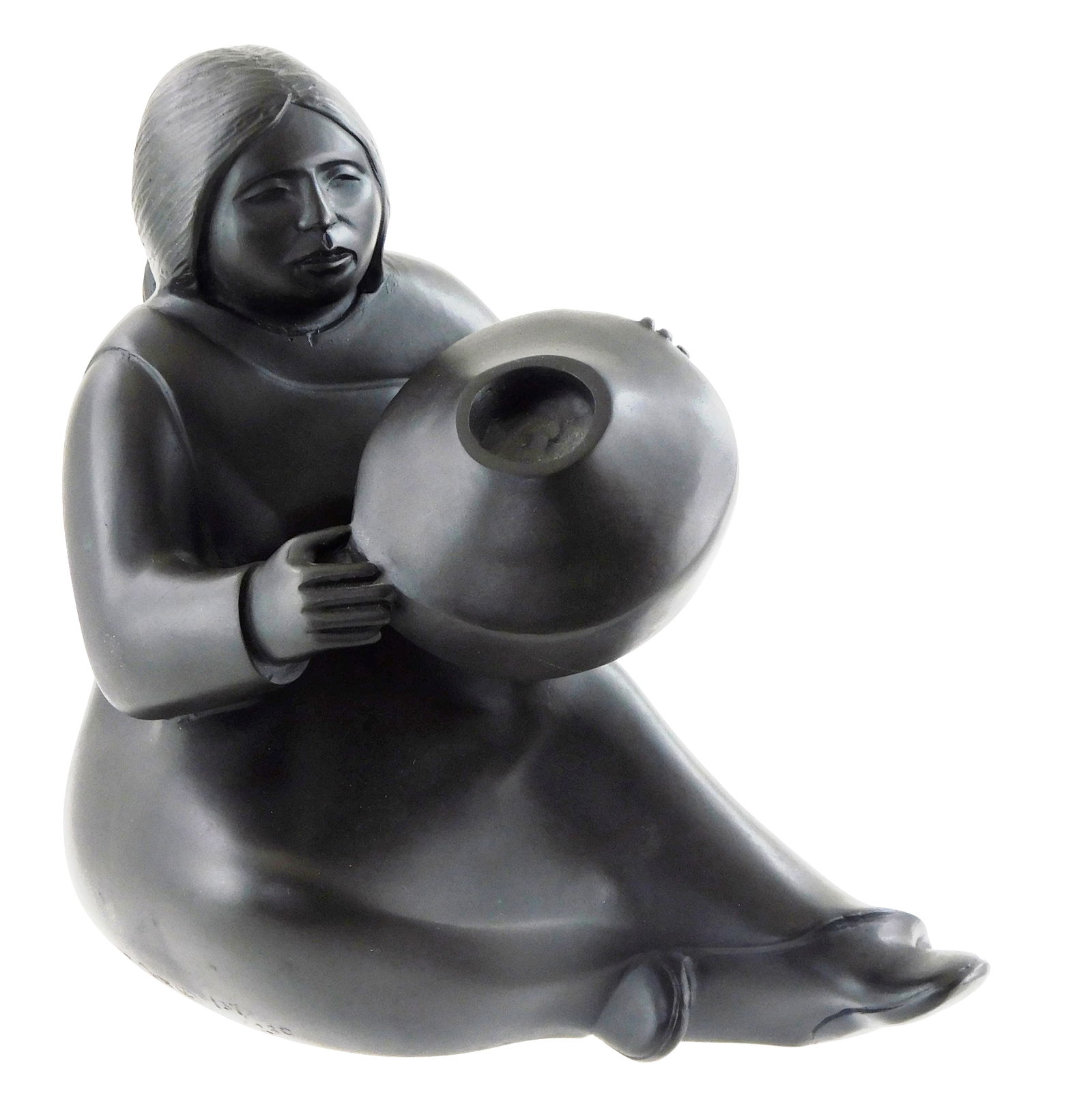SCULPTURE: Doug Hyde (Native American, b. 1946), “Southwest Potter", 20th C., bronze sculpture: SCULPTURE: Doug Hyde (Native American, b. 1946), “Southwest Potter”, 20th C., bronze sculpture of southwestern Native American woman seated with pottery in hands, limited edition of 230, etche