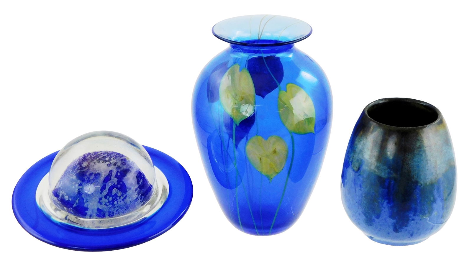 Art glass and pottery, three pieces, including: small fulper teardrop vase, ceramic, studio tag on: Art glass and pottery, three pieces, including: small fulper teardrop vase, ceramic, studio tag on bottom partially glazed over, legible letters “LPER”, 4” h. x 3 1/4” diam.; a Roc