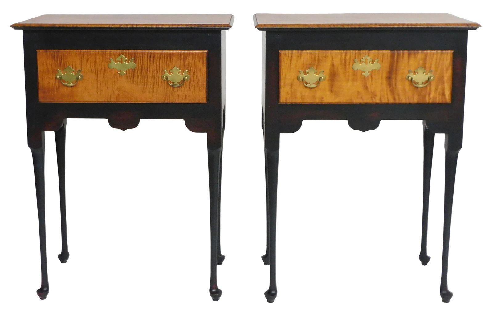 Pair of J L Treharn tiger maple and black one drawer stands, Youngstown Ohio, 20th C., (1 of 4)