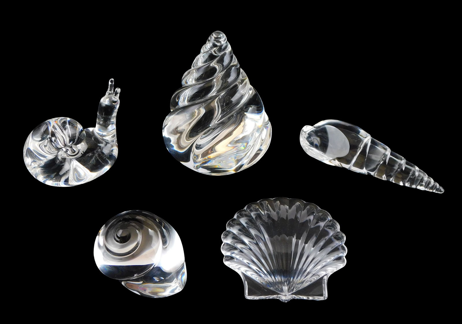 ART GLASS: Steuben crystal shell figures, five pieces, all signed, pieces include scallop, two (1 of 6)