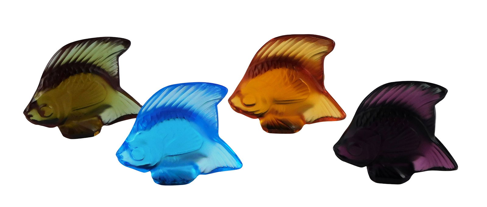ART GLASS: Four Lalique colored crystal fish, all signed, in colors of light blue, orange, purple (1 of 5)