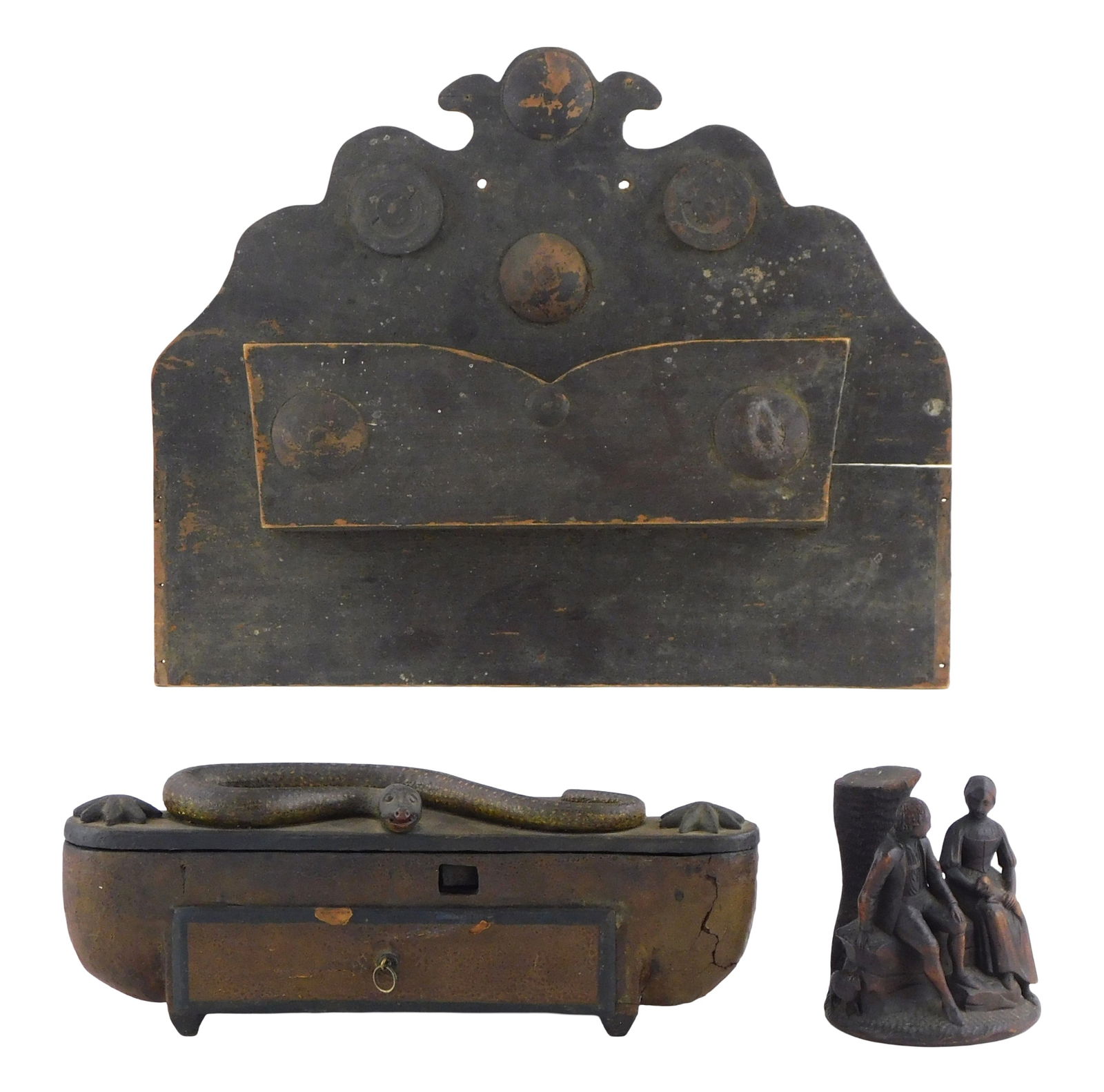 Folk art wall box, trinket box, and carving, 19th C., including: primitive carved treen wall box (1 of 4)