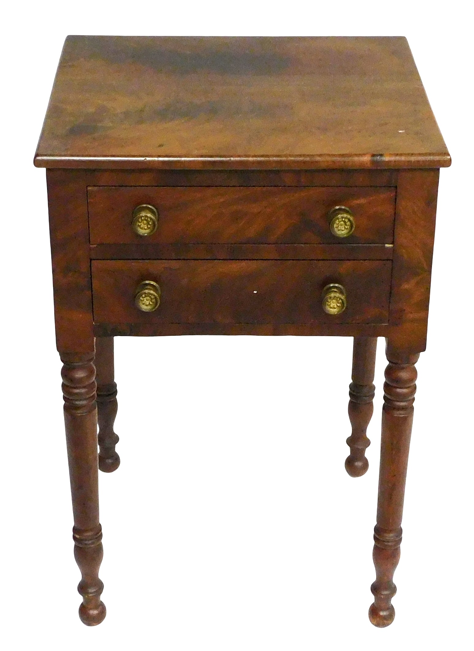 Two drawer stand, American, c.1820, mahogany and mahogany veneer, two board crotch mahogany top over (1 of 3)