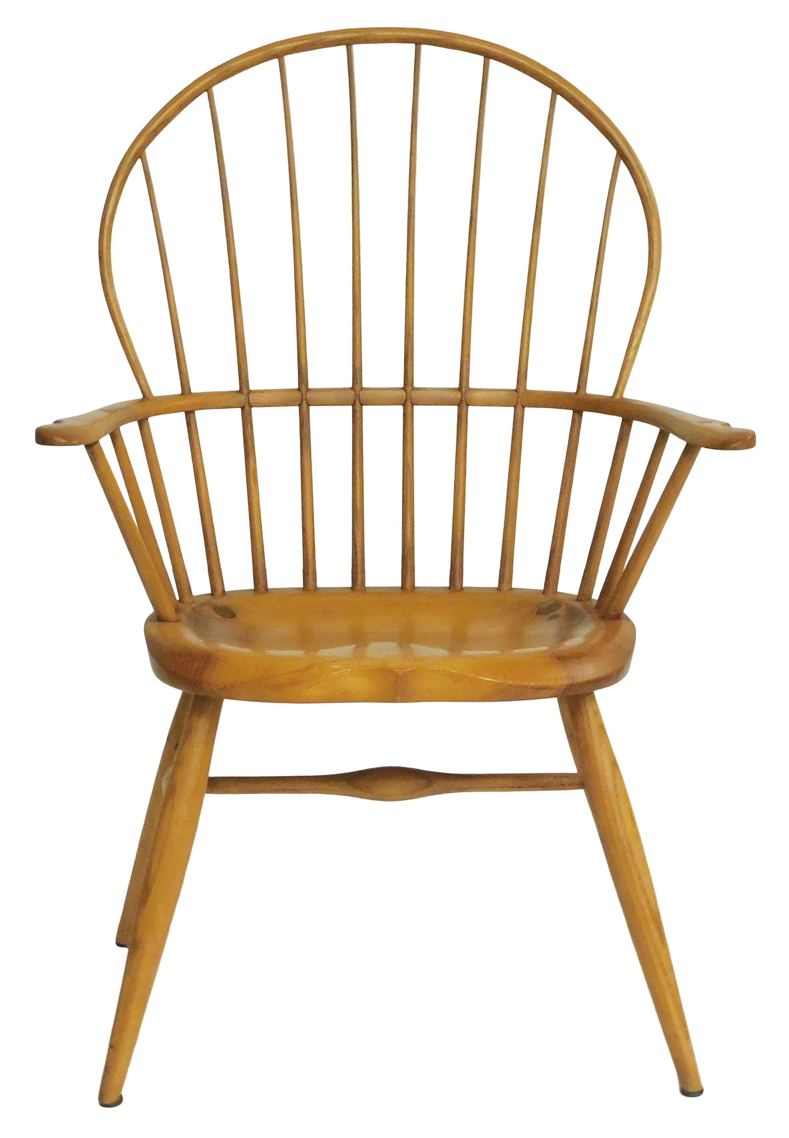 J. Brown (American, 1943-2015) ash continuous arm Windsor chair, Lincolnville ME, 20th C., Windsor: J. Brown (American, 1943-2015) ash continuous arm Windsor chair, Lincolnville ME, 20th C., Windsor style, incised maker's mark on bottom, bow back, continuous arm, shaped seat, splayed legs with “H&
