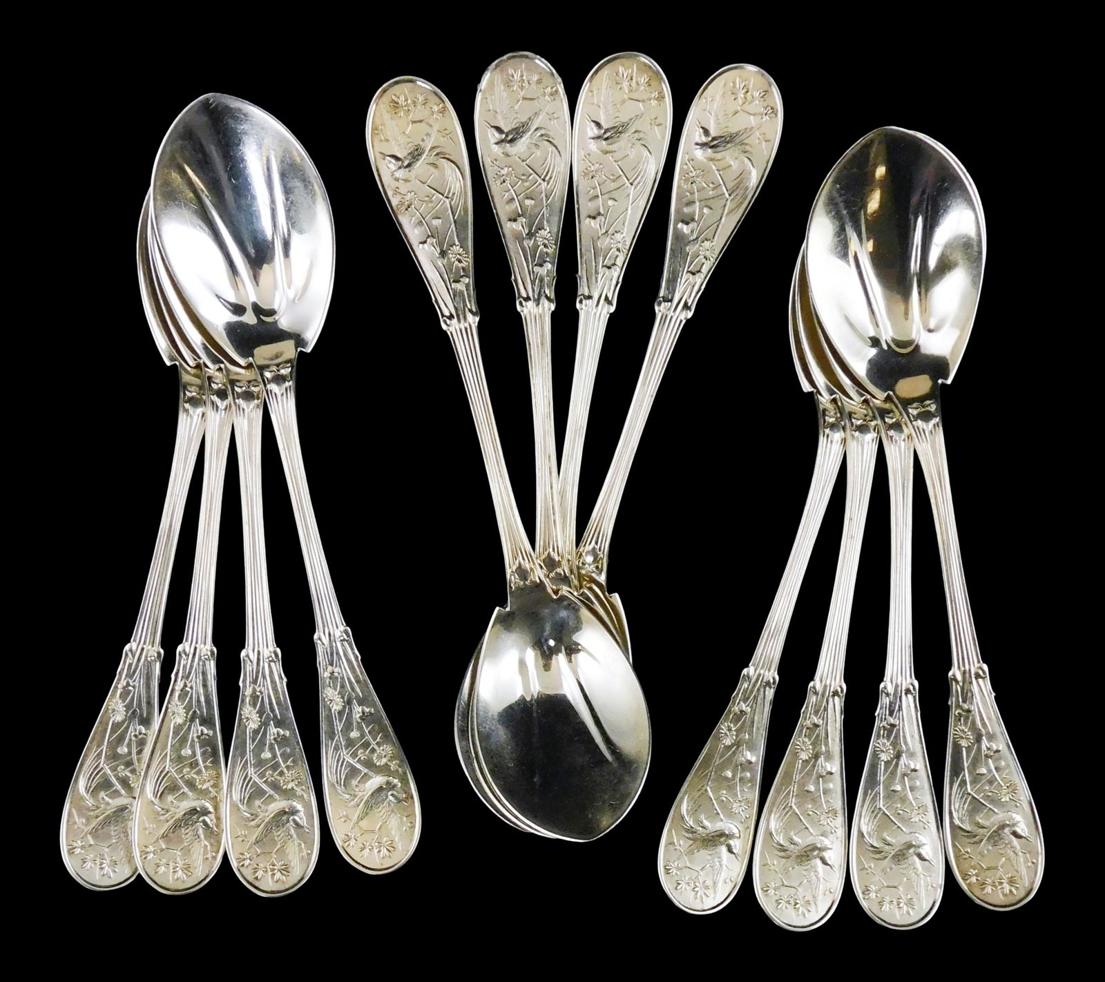 STERLING: Twelve Tiffany & Co. "Japanese" pattern ice cream spoons, patented 1871, sterling silver, (1 of 5)