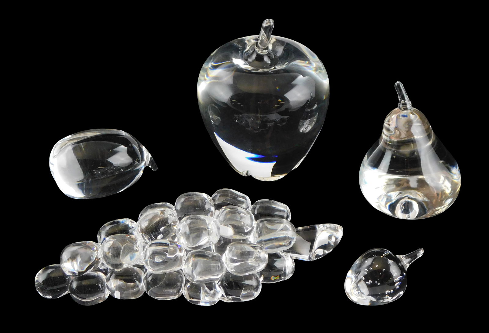 ART GLASS: Steuben crystal fruit, five pieces, all signed, including: apple; pear; strawberry; plum (1 of 2)