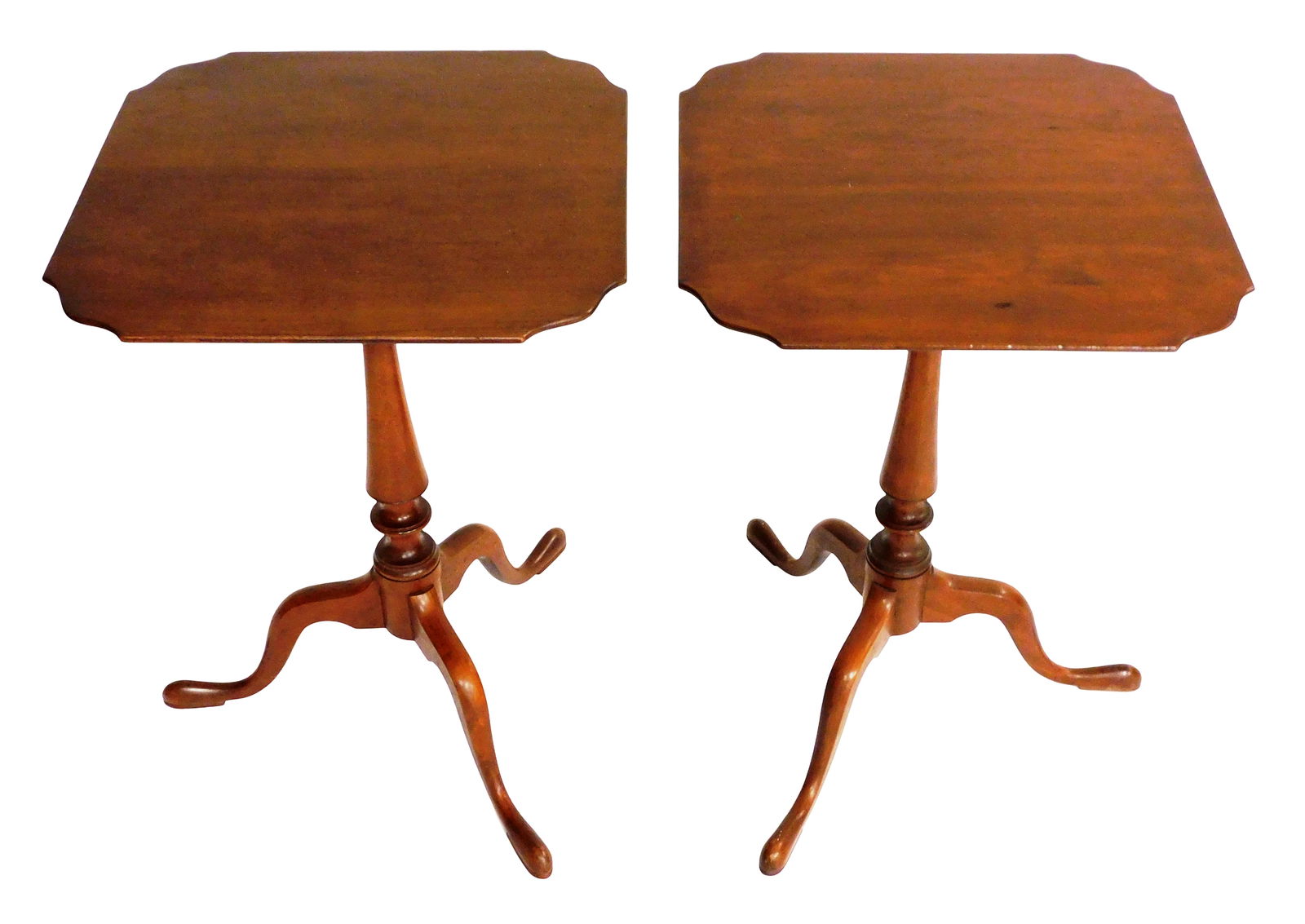 Pair of Nathan Margolis Shop cherry candlestands, Hartford CT, 20th C., incised maker's mark on (1 of 3)