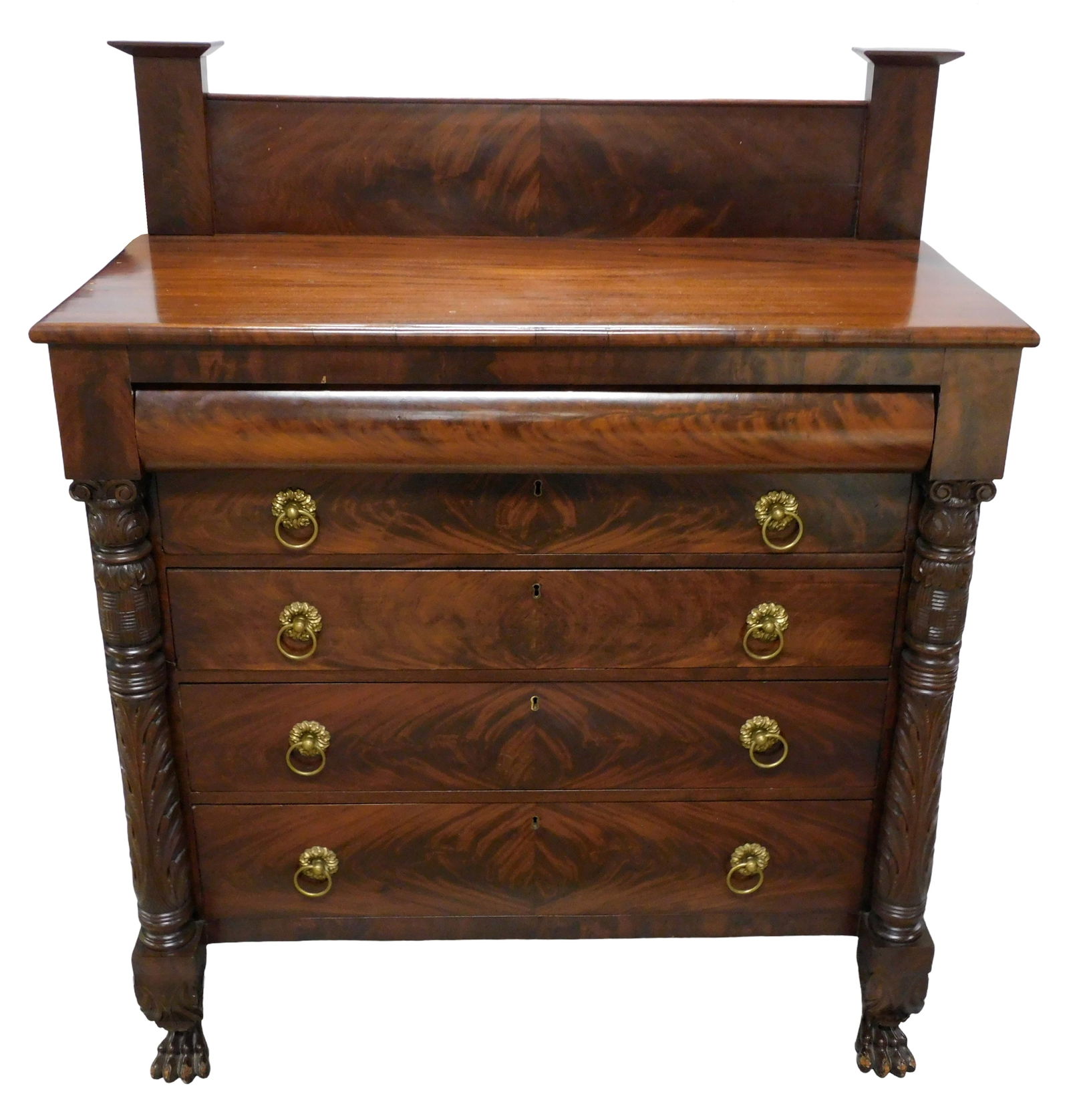 +Five drawer chest, American, c.1830, Classical Revival, mahogany veneer, back splash between capped (1 of 3)