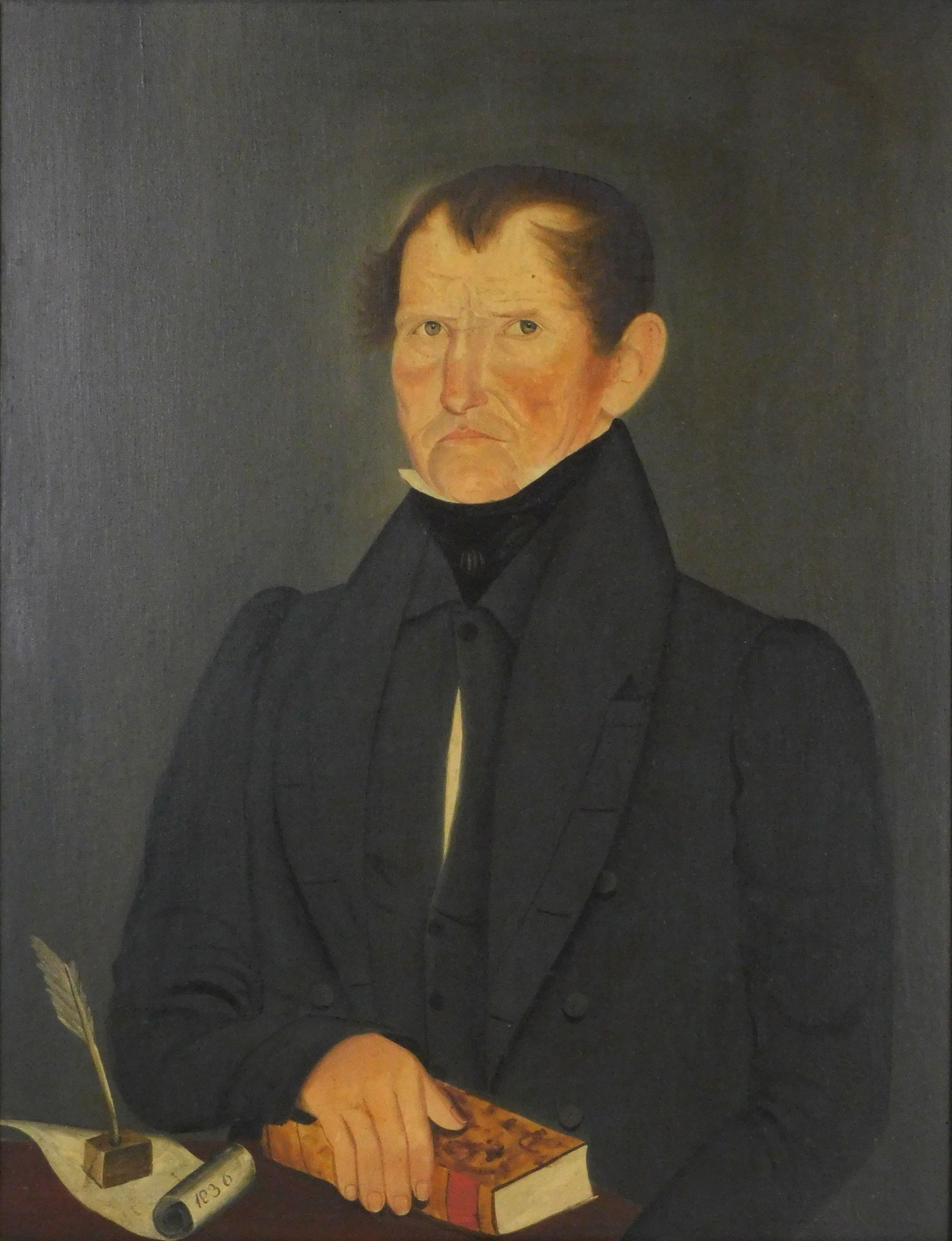 Portrait of Gentleman, American school, early 19th C., unsigned but likely by the hand of Sheldon: Portrait of Gentleman, American school, early 19th C., unsigned but likely by the hand of Sheldon Peck (1797-1868), the date of 1836 appears on the scrolled end of a piece of paper held in place by an