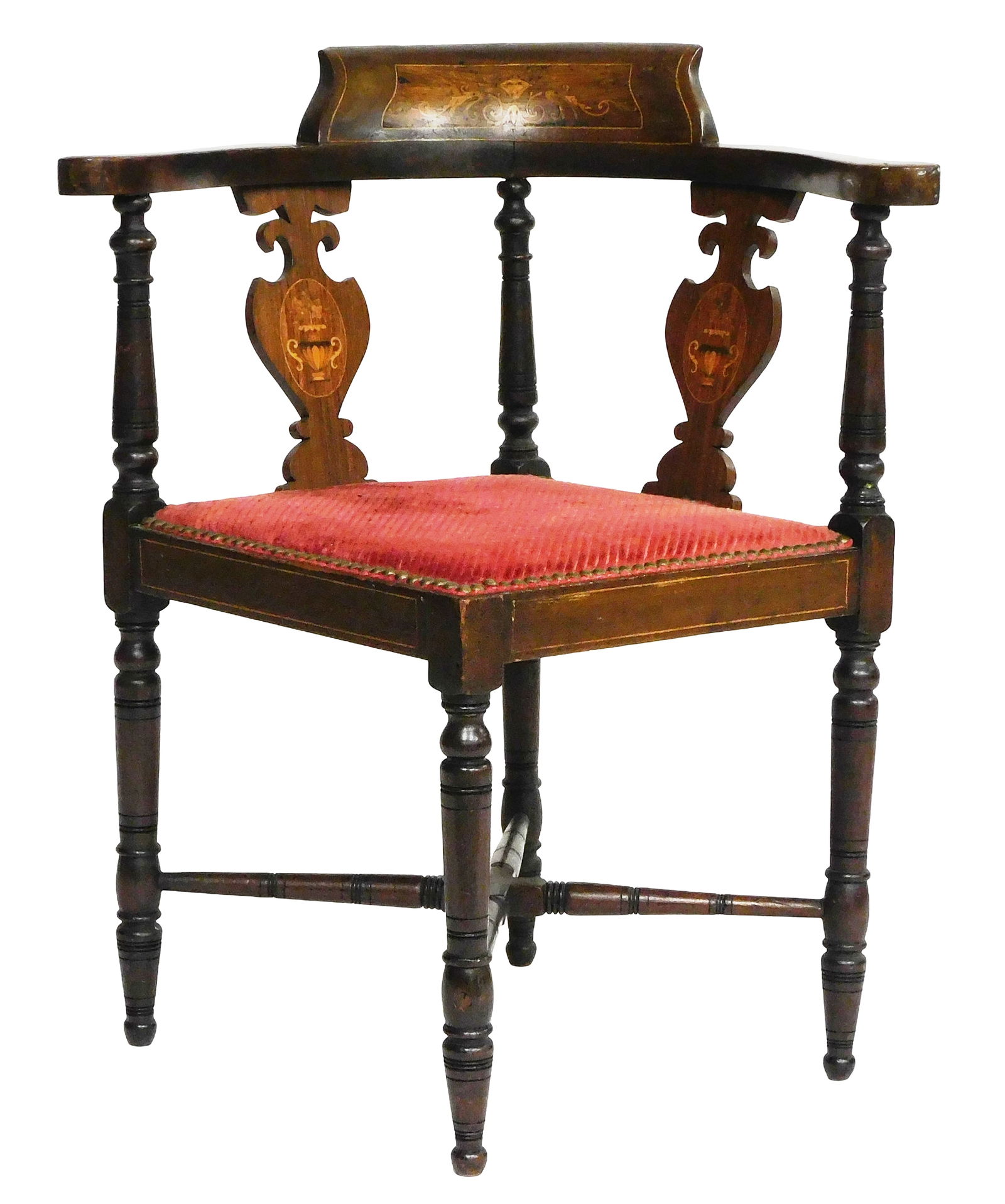 Corner chair with inlaid backrest and splats, 19th C., contrasting inlaid thin banding throughout,: Corner chair with inlaid backrest and splats, 19th C., contrasting inlaid thin banding throughout, red upholstered seat with upholstery nail edge, wear consistent with age and use, scratches throughou