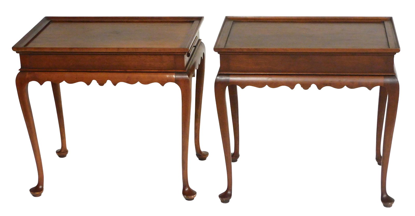 Pair of Eldred Wheeler cherry tea tables, Hingham Mass, 20th C., Queen Anne style, incised maker's: Pair of Eldred Wheeler cherry tea tables, Hingham Mass, 20th C., Queen Anne style, incised maker's mark and shop stamp on bottoms, slides to either end, shaped skirt, cabriole legs, wear consistent wi
