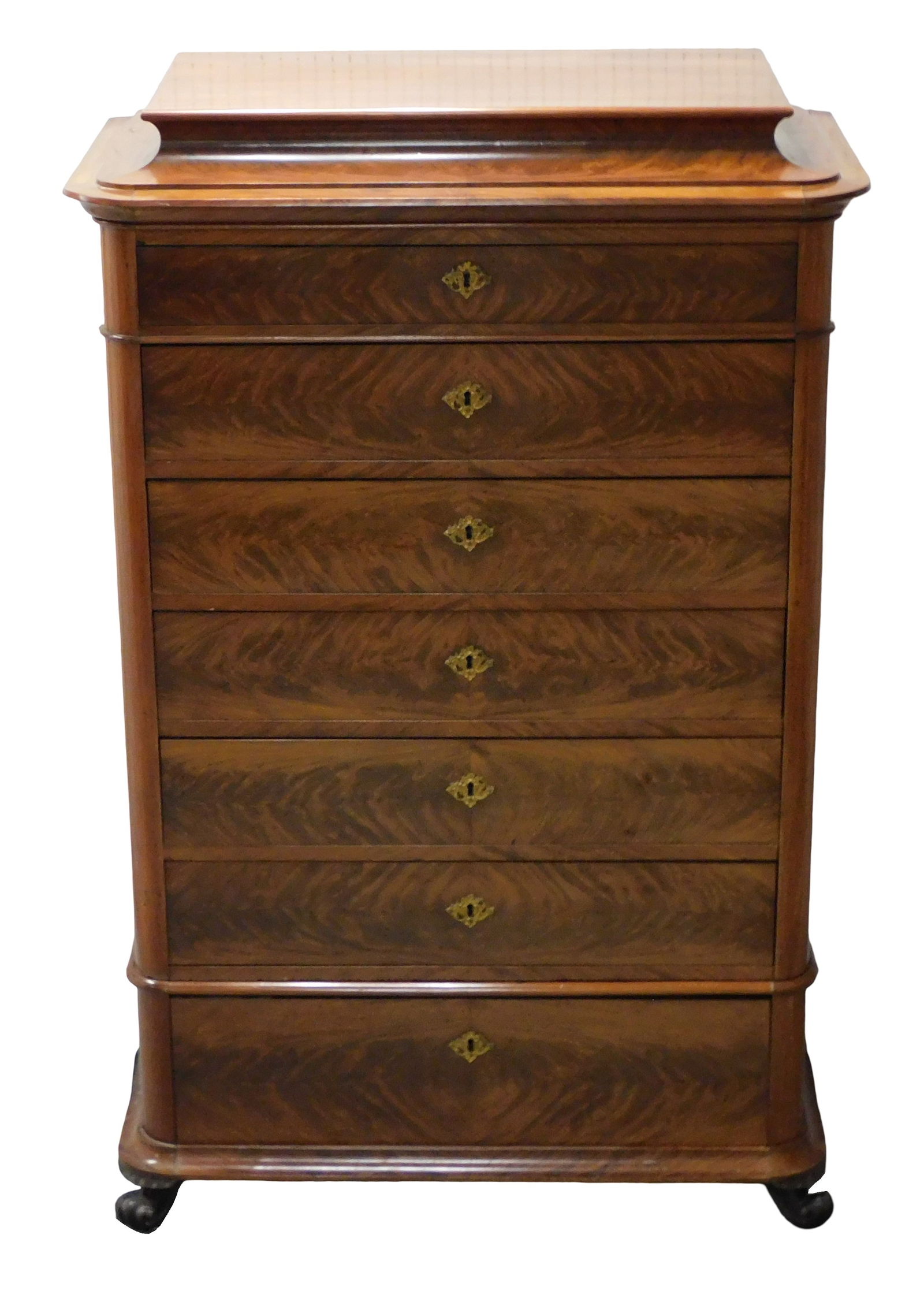 +Biedermeier tall chest of drawers, 19th C., mahogany veneers, canopy top over six graduated (1 of 6)