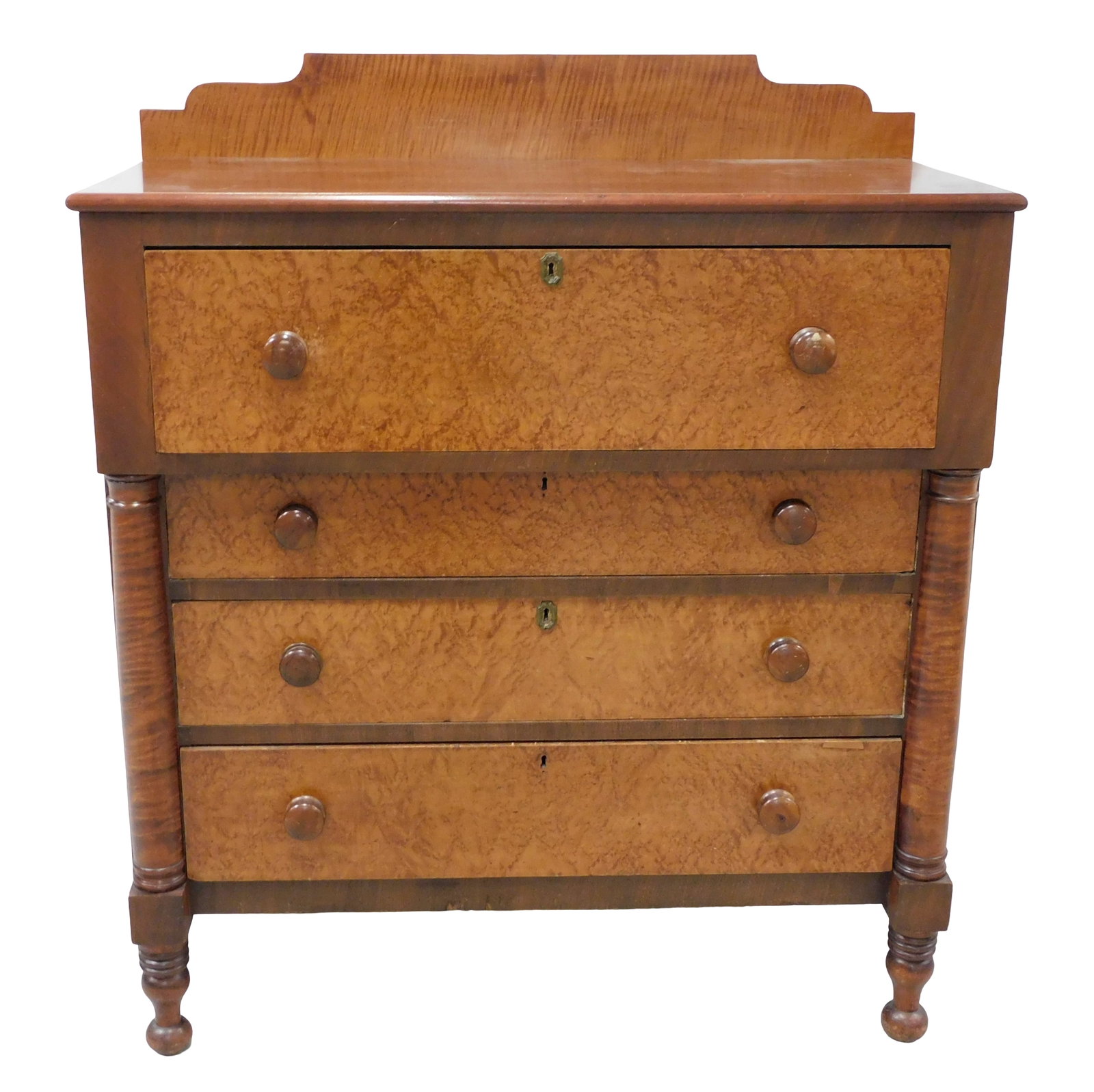 +Four drawer chest, American, c. 1835, cherry with figured maple drawer fronts, large top drawer (1 of 4)
