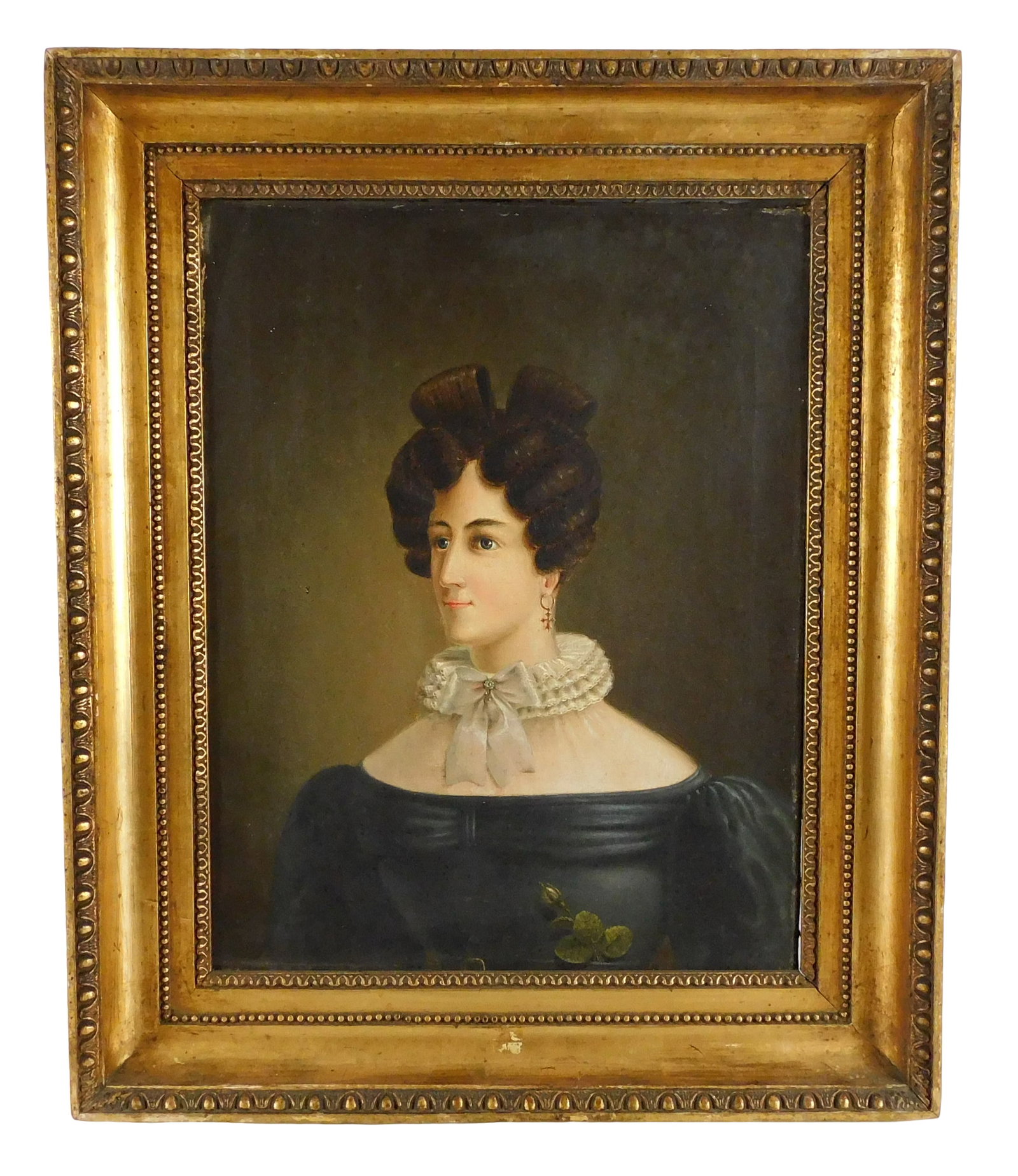 Early 19th C. portrait of woman in black, oil on canvas, depicting “Maria Magdelana Jacobsen: Early 19th C. portrait of woman in black, oil on canvas, depicting “Maria Magdelana Jacobsen (1804-1829)”, she wears an off the shoulder black dress with ruffled collar around her neck and a c