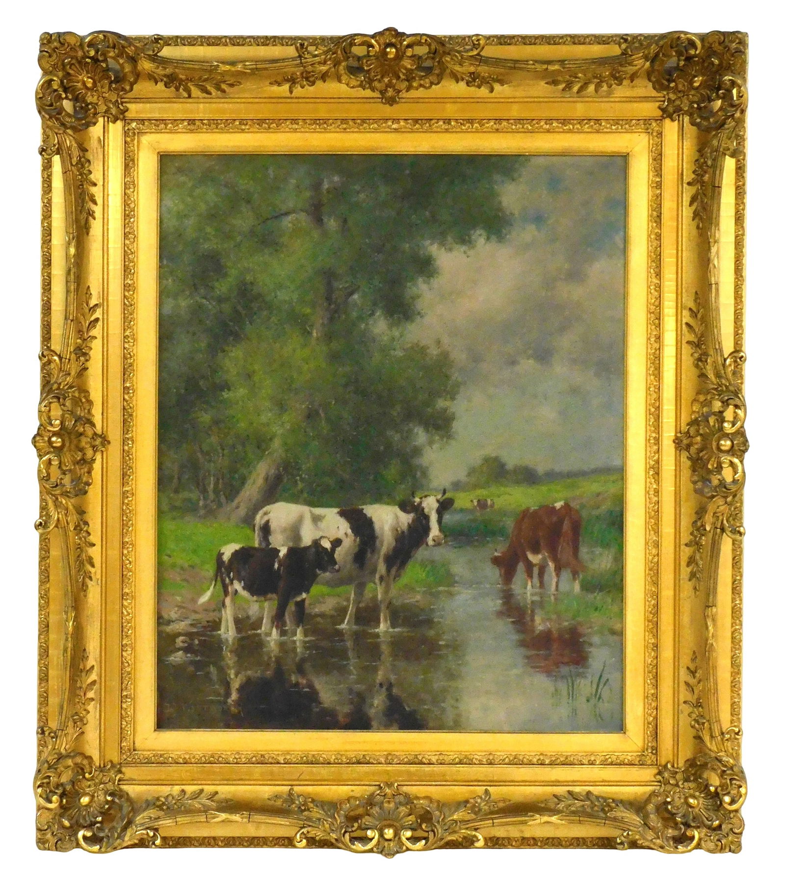 Daniel F. Wentworth (American, 1850 - 1934) oil on canvas of cows at stream or watering hole, late: Daniel F. Wentworth (American, 1850 - 1934) oil on canvas of cows at stream or watering hole, late 19th/ early 20th C., signed lower left, ornate gilt frame, wear consistent with age including craquel