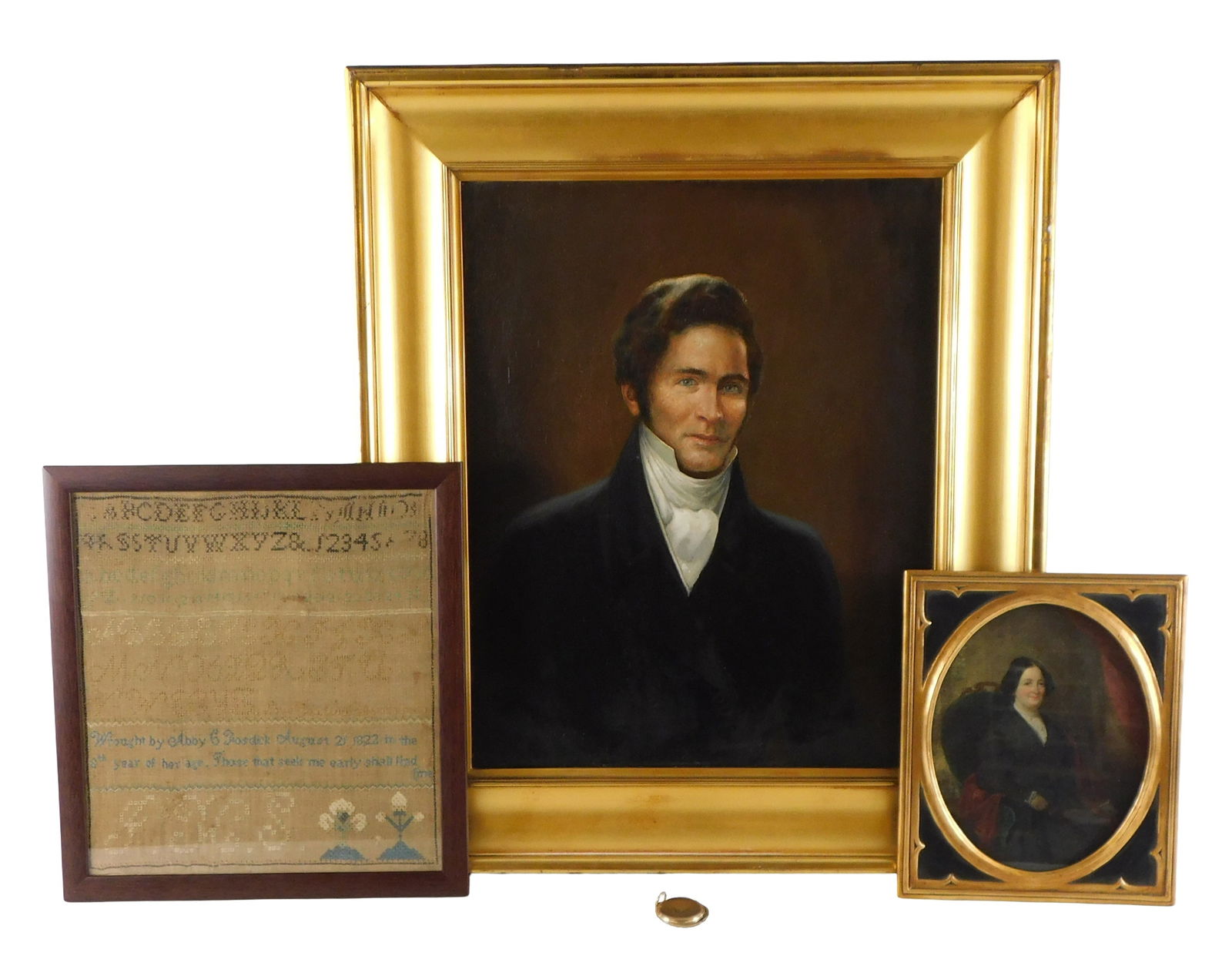19th C. Fosdick /James family items: sampler, two portraits and daguerreotype locket, details: 19th C. Fosdick /James family items: sampler, two portraits and daguerreotype locket, details include: sampler by Abby C. Fosdick (Abigail D. Comstock Fosdick), 1822, aged eight years old, alpha numer