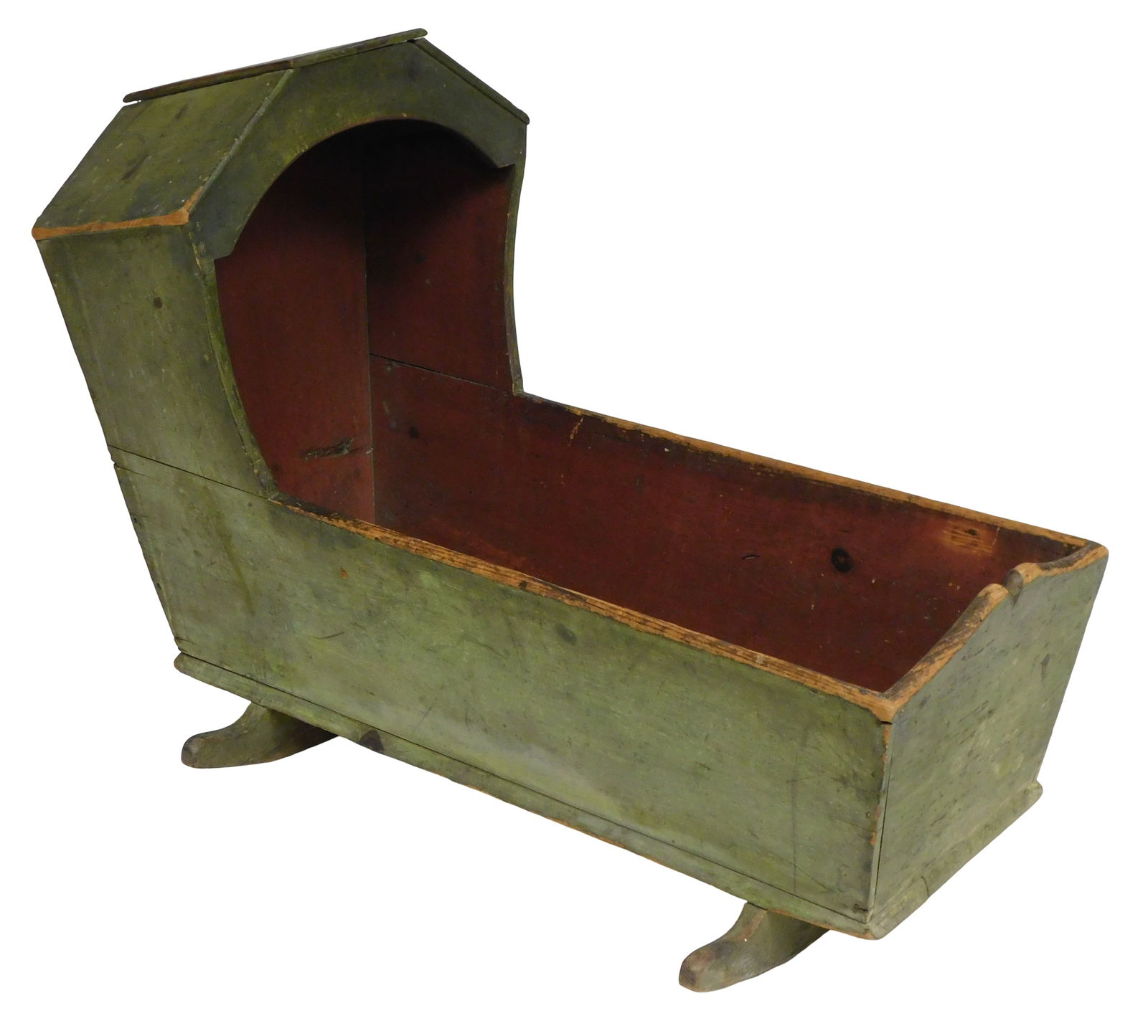 Hooded cradle, American, 19th C., pine in original green with red interior, wear consistent with age (1 of 2)