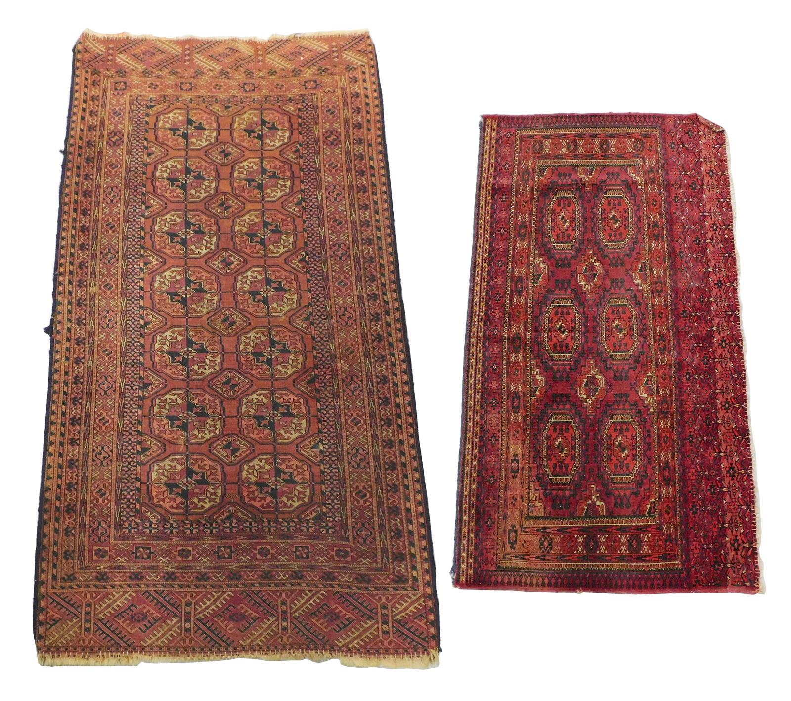 RUG: Two Semi-antique Bokhara scatter rugs, finely woven wool weft, both with rows of large guls,: RUG: Two Semi-antique Bokhara scatter rugs, finely woven wool weft, both with rows of large guls, all red, smaller with accents of black, and cream, 55” l. x 31” w.; other with accents of