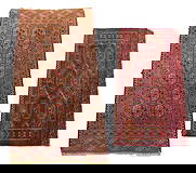 RUG: Two Semi-antique Bokhara scatter rugs, finely woven wool weft, both with rows of large guls,: RUG: Two Semi-antique Bokhara scatter rugs, finely woven wool weft, both with rows of large guls, all red, smaller with accents of black, and cream, 55” l. x 31” w.; other with accents of