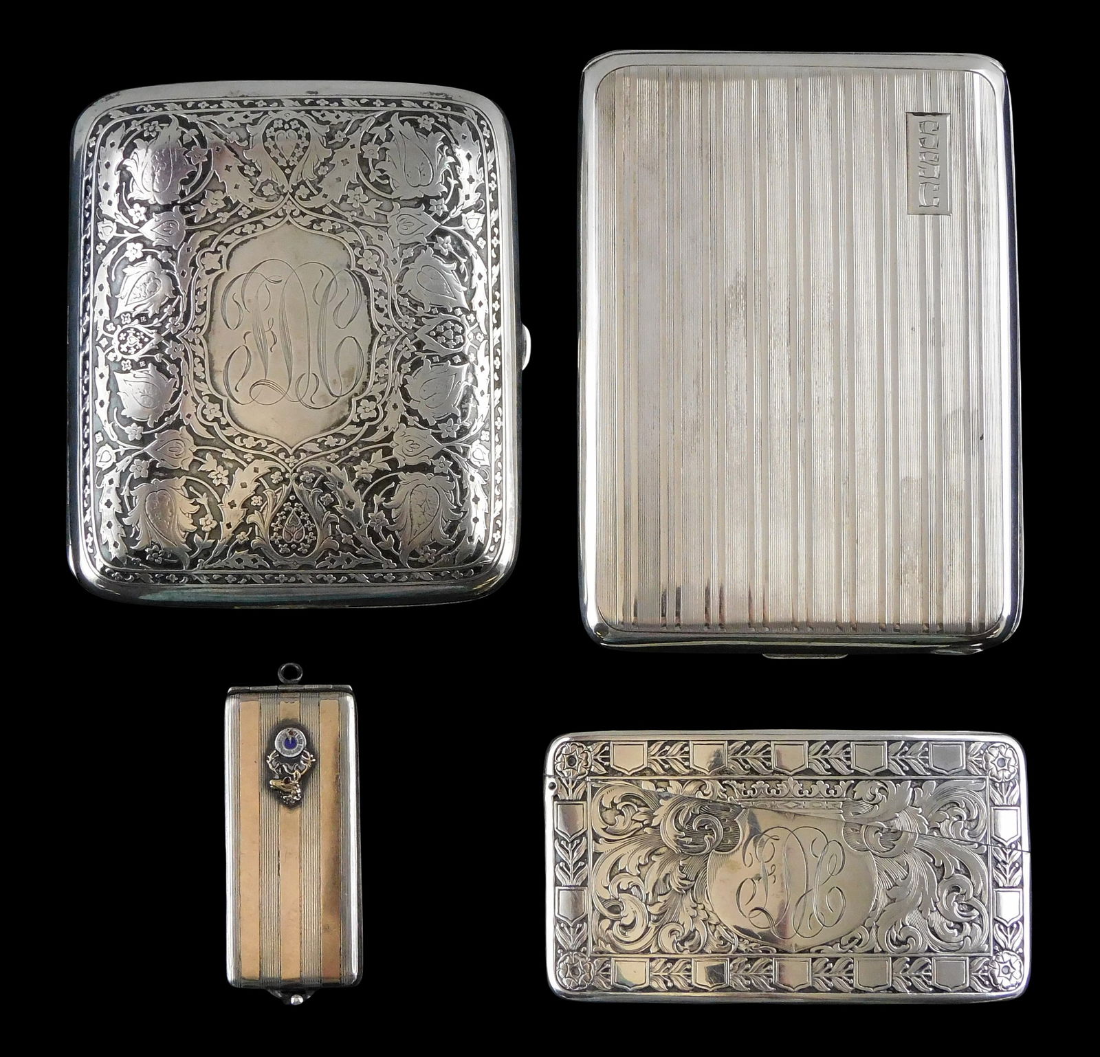 STERLING: Four sterling silver decorative hinged cases, including two cigarette cases; a calling: STERLING: Four sterling silver decorative hinged cases, including two cigarette cases; a calling card holder; and a BPOE Elks "Hello Bill" locket/membership case; all stamped sterling, all with