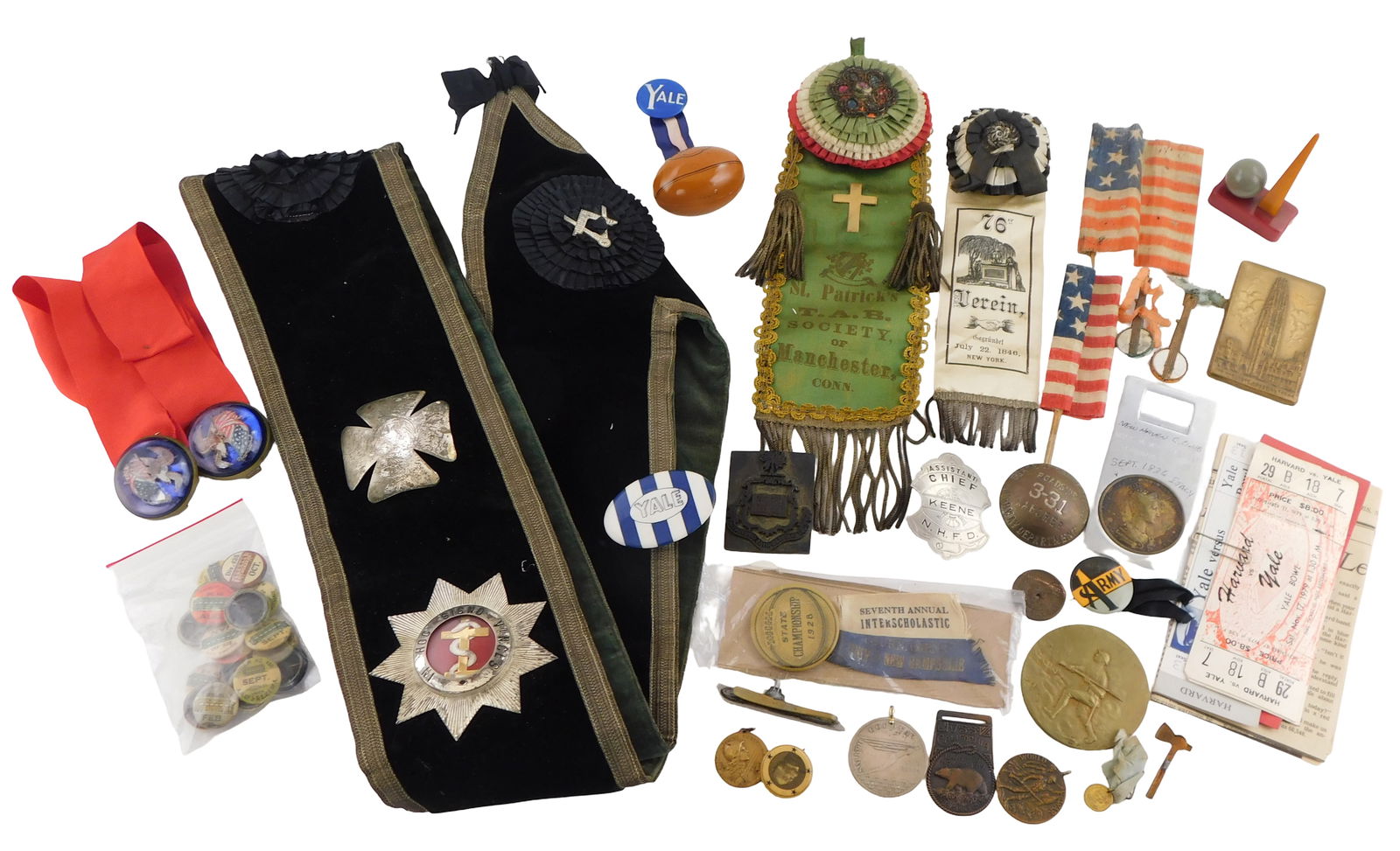 EPHEMERA: Yale and other memorabilia, late 19th/20th C., 50+ pieces, details include: Masonic: EPHEMERA: Yale and other memorabilia, late 19th/20th C., 50+ pieces, details include: Masonic Knights Templar sash; St. Patrick's T.A.B. (temperance) Society ribbon from Manchester, CT;