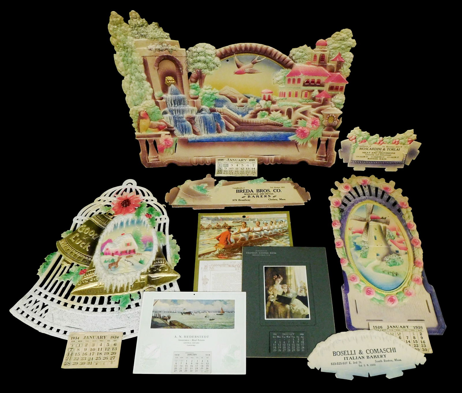 EPHEMERA: Six early paper calendars, years ranging from 1903 to 1934, embossed die cut and: EPHEMERA: Six early paper calendars, years ranging from 1903 to 1934, embossed die cut and lithograph advertisements, all with every month page intact, including: three polychrome embossed die cut