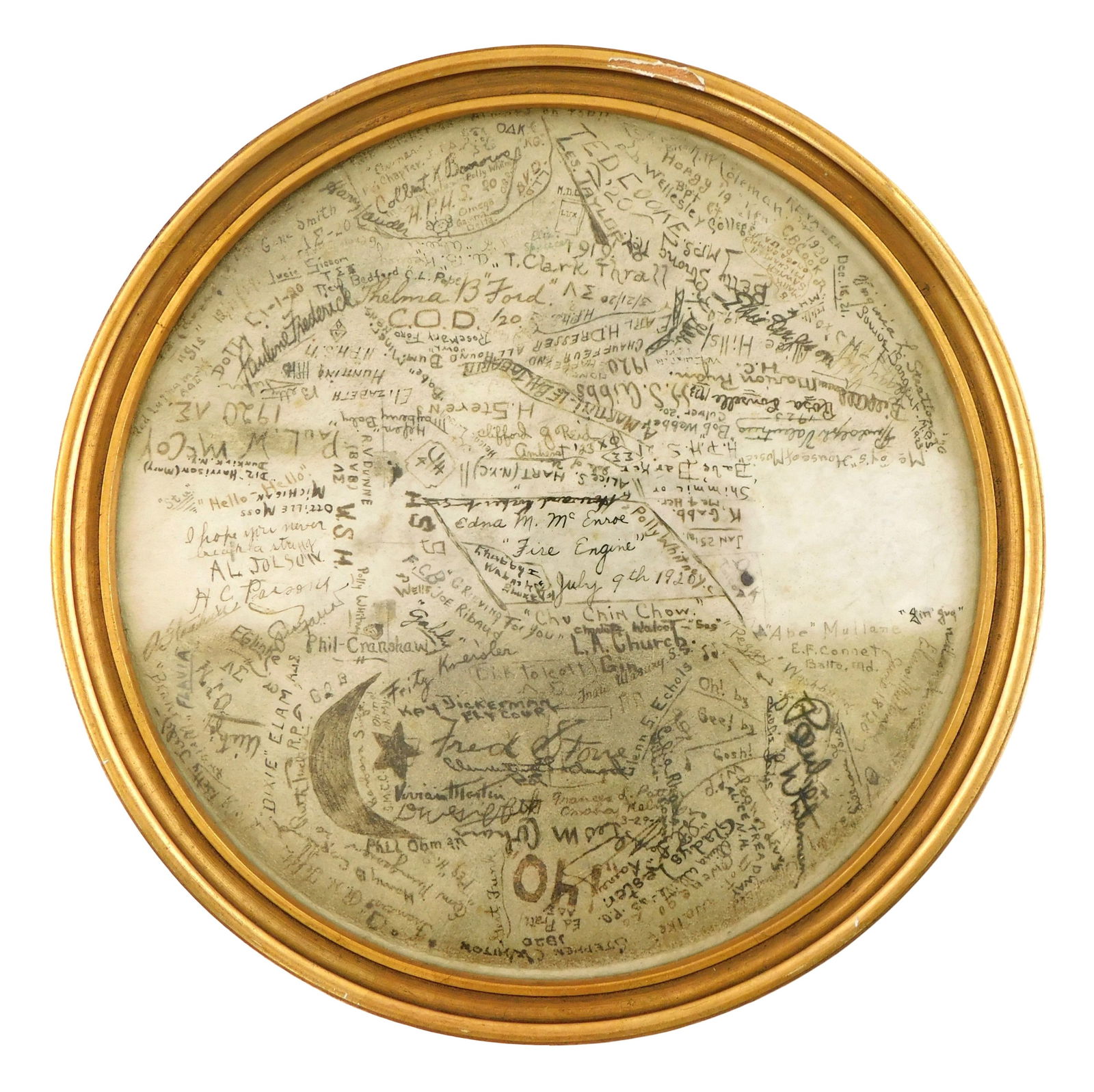 MUSIC EPHEMERA: Banjo "Skin" with autographs of musicians performing at Parsons Theater, Hartford,: MUSIC EPHEMERA: Banjo "Skin" with autographs of musicians performing at Parsons Theater, Hartford, c. 1920 - 1922, 50+ signatures, including Ted Moser, R. W. Hinman, Ken Springer, H.S. Gibbs, Paul W.