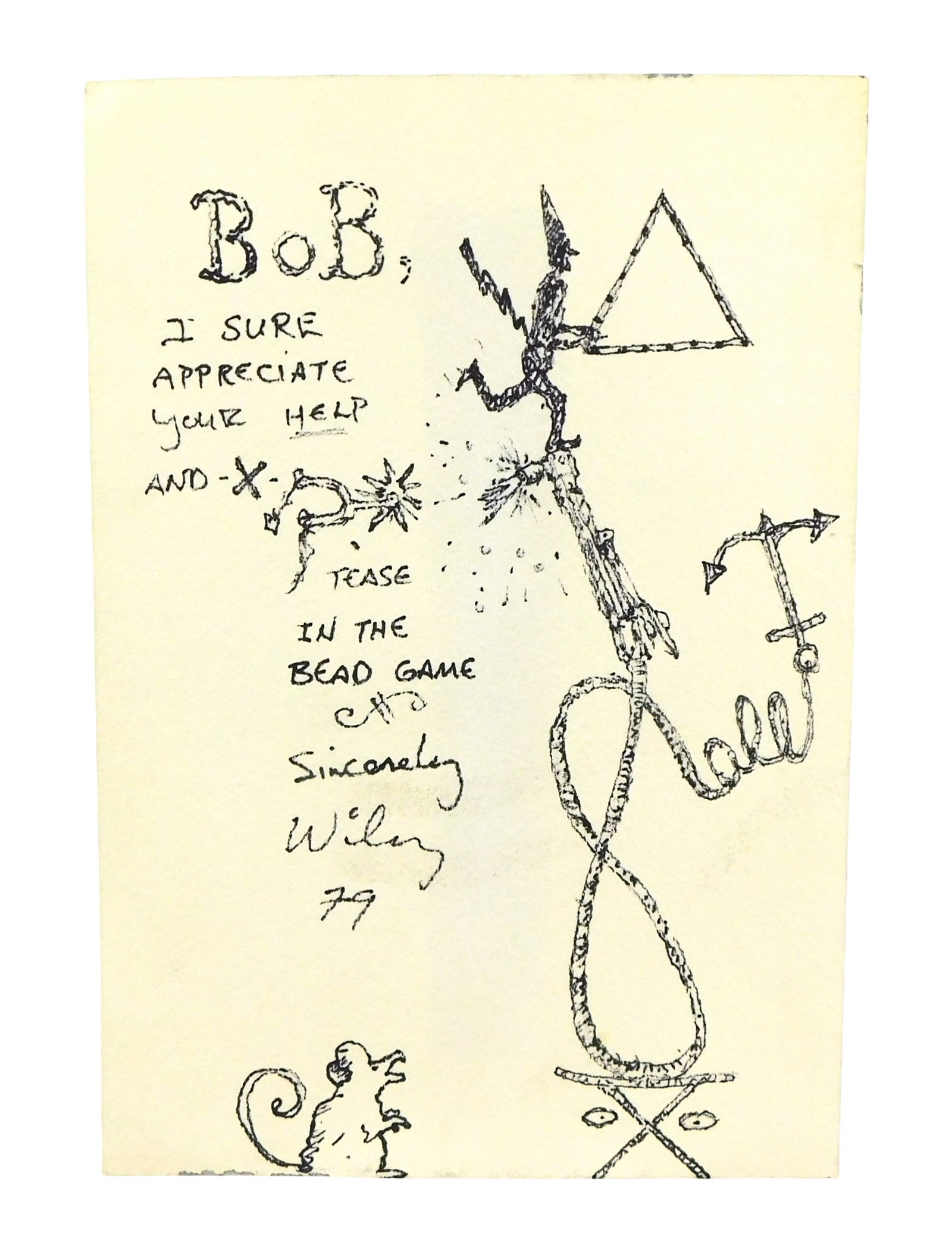 William T. Wiley (American, 1937 - 2021), ink and drawing and inscription on paper, 1979, unframed,: William T. Wiley (American, 1937 - 2021), ink and drawing and inscription on paper, 1979, unframed, drawing depicts mouse watching figure on abstract sculpture, inscription reads "BOB, I SURE