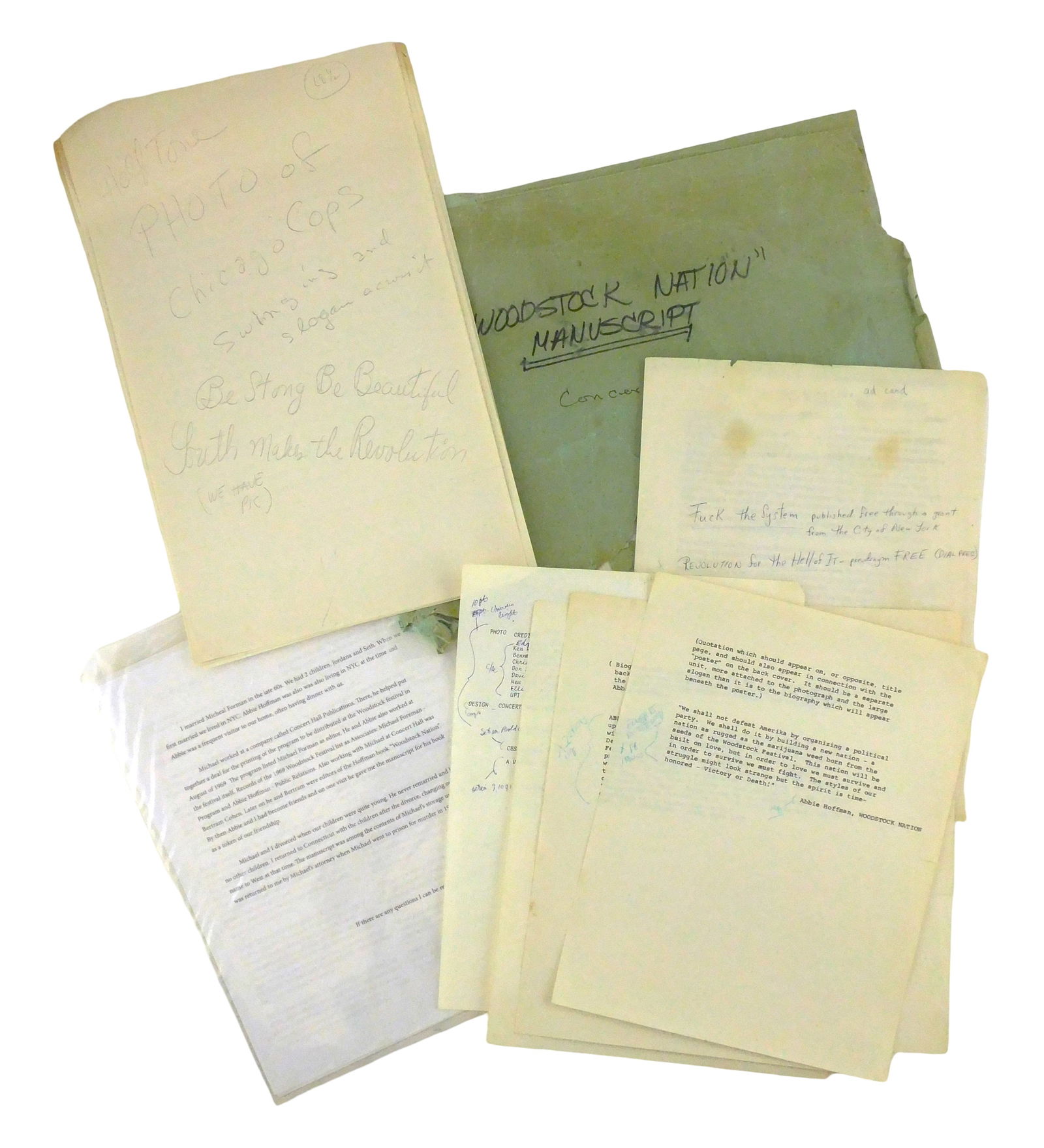 Abby Hoffman "Woodstock Nation" manuscript/ early draft, 1969, unbound, photomechanically reproduced: Abby Hoffman "Woodstock Nation" manuscript/ early draft, 1969, unbound, photomechanically reproduced typescript with pencil and ink edits by editor and proofreader, pages include photomechanically