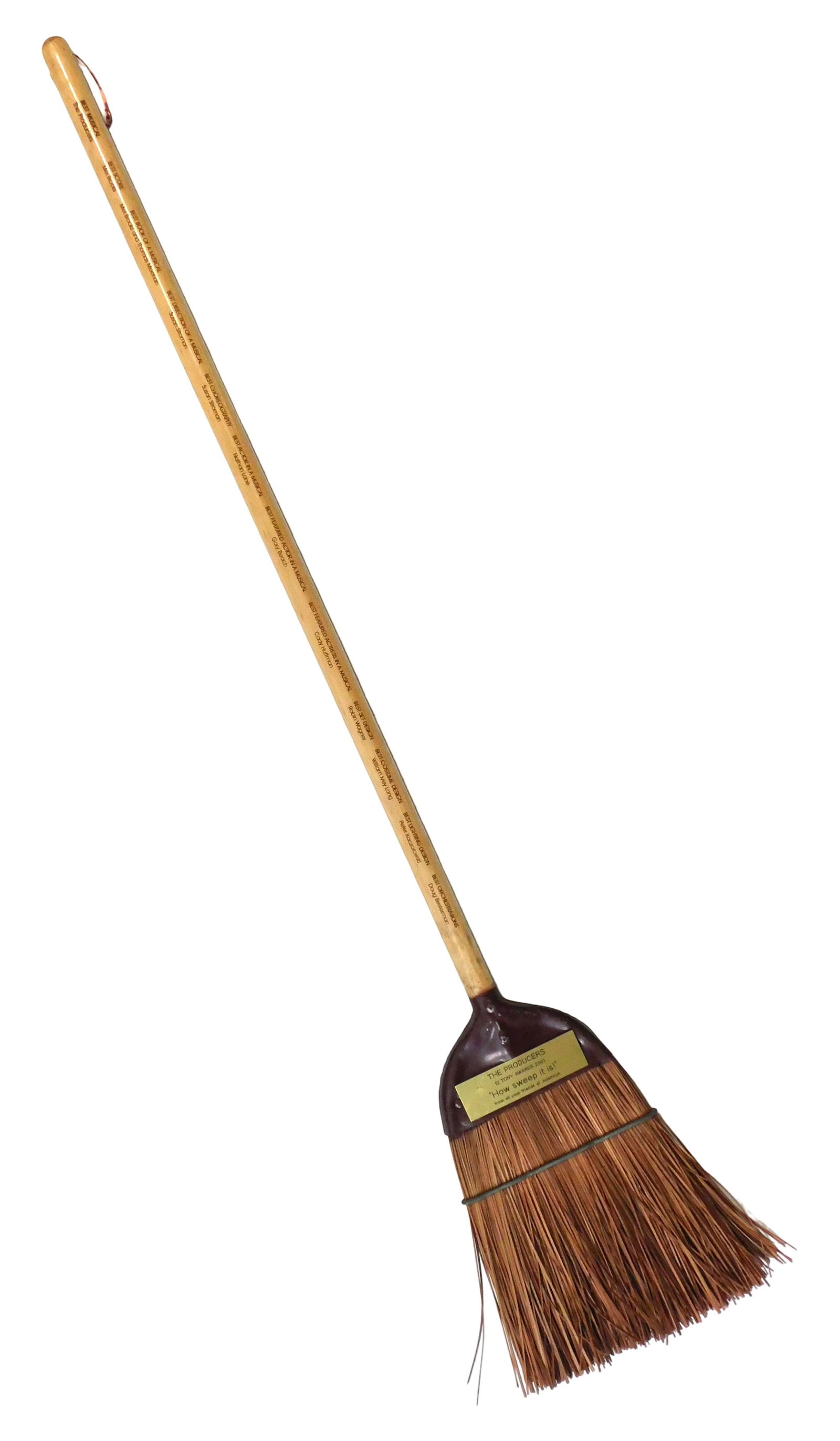 Tony Awards broom for “The Producers", 2001, JUJAMYCN studios, wood handle broom, handle incised: Tony Awards broom for “The Producers”, 2001, JUJAMYCN studios, wood handle broom, handle incised with various awards and their respective winners such as “Best Musical”, “Best