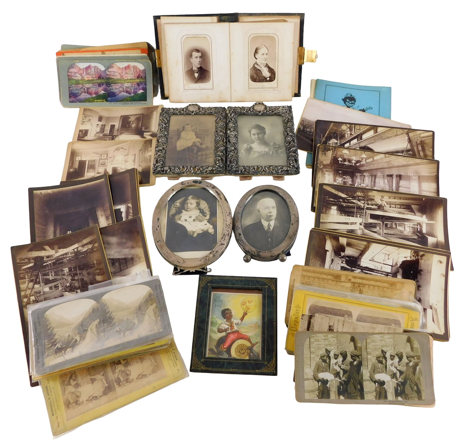 EPHEMERA: Stereoviews, photographs and other ephemera, details include: 50+ stereoviews, some with: EPHEMERA: Stereoviews, photographs and other ephemera, details include: 50+ stereoviews, some with black americana themes, some hand colored; 15+ photographs featuring train car views, mining and