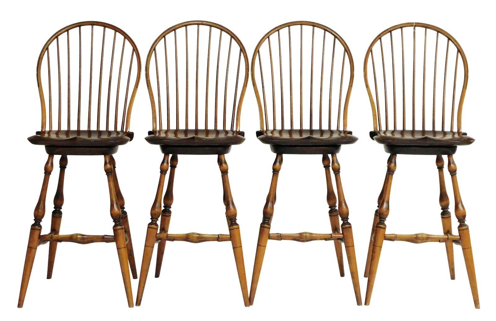 Four D.R. Dimes bar chairs, 20th C., Windsor style, all with incised maker's mark to base, bow back,: Four D.R. Dimes bar chairs, 20th C., Windsor style, all with incised maker's mark to base, bow back, contoured saddle seats on swivel bases, turned splayed legs and "H" form stretcher bar, wear