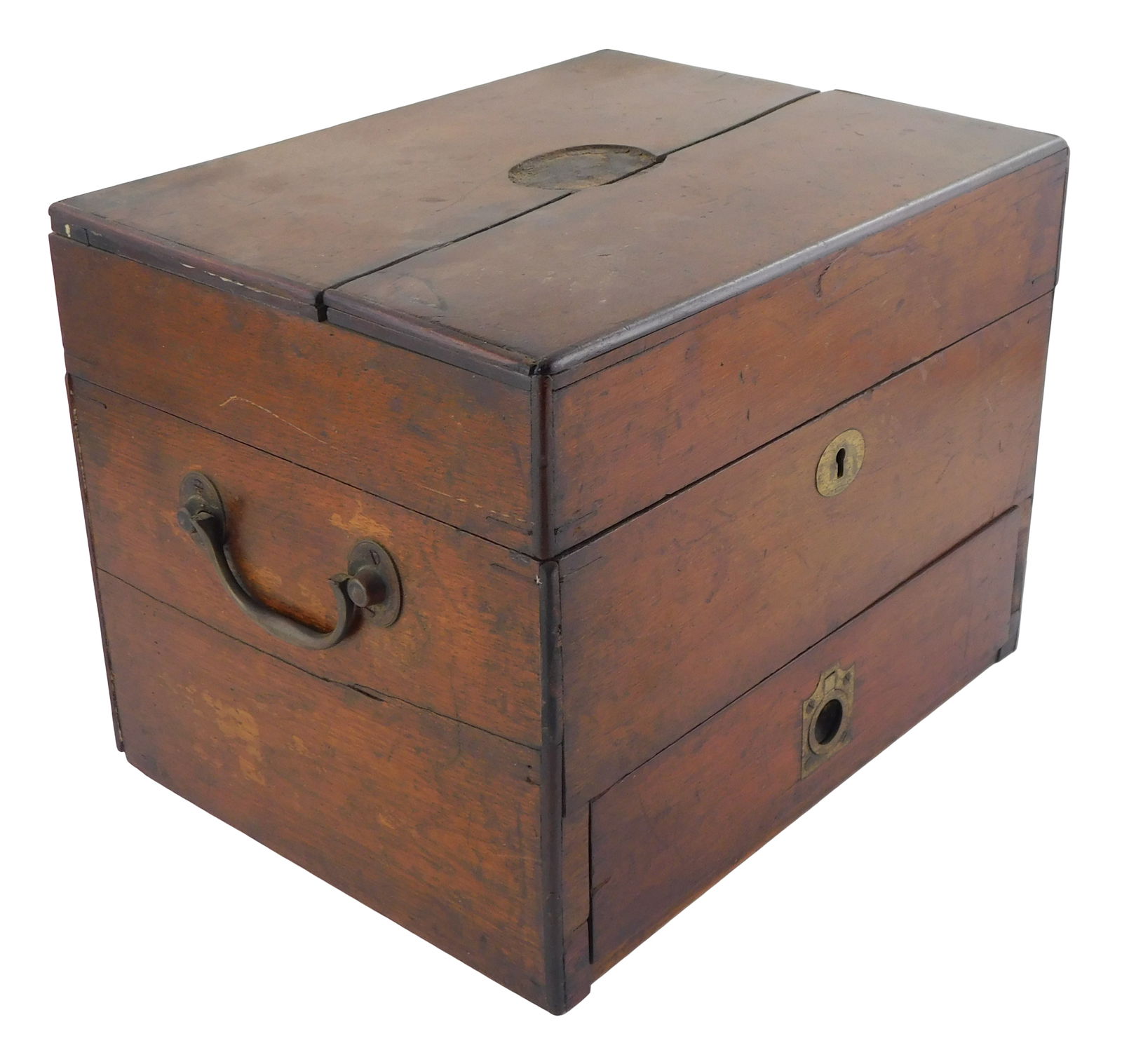 19th C. cased apothecary or medicine chest, possibly naval, fitted interior with numerous original: 19th C. cased apothecary or medicine chest, possibly naval, fitted interior with numerous original bottles, most with original labels or remnants of, and other medicinal items, over single drawer