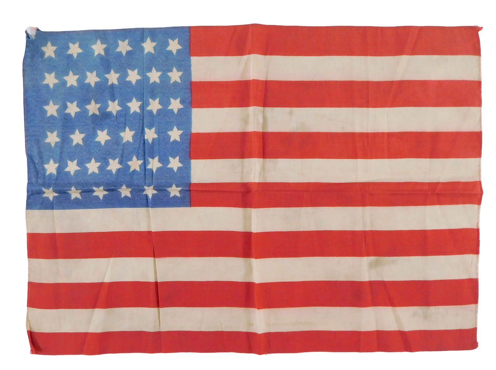 Small Silk American Flag with 39 Stars, C. 1889-1890, silk American parade flag with 39 stars, no: Small Silk American Flag with 39 Stars, C. 1889-1890, silk American parade flag with 39 stars, no official time period with 39 states, likely made before North/South Dakota joined the union as two