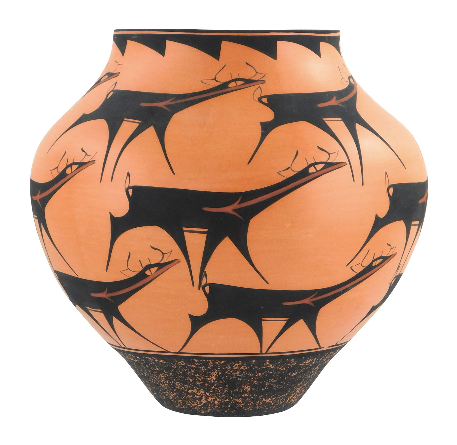 TRIBAL: Anderson Peynetsa (Native American, b. 1964), Zuni, New Mexico, C. 2000, tall polychrome: TRIBAL: Anderson Peynetsa (Native American, b. 1964), Zuni, New Mexico, C. 2000, tall polychrome painted pottery vase, decorated with traditionally stylized red and black deer, base etched with “AA