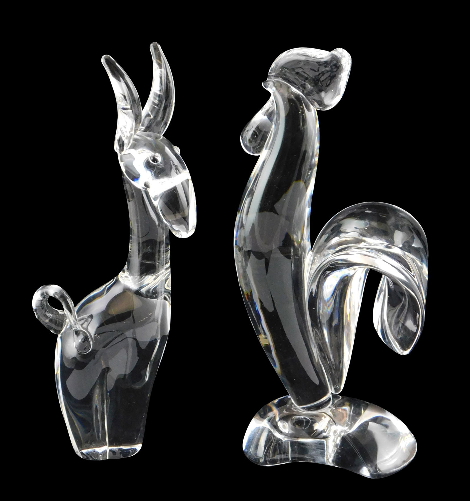 ART GLASS: Steuben, two large crystal animal figures of llama and rooster, both signed on base, wear (1 of 2)