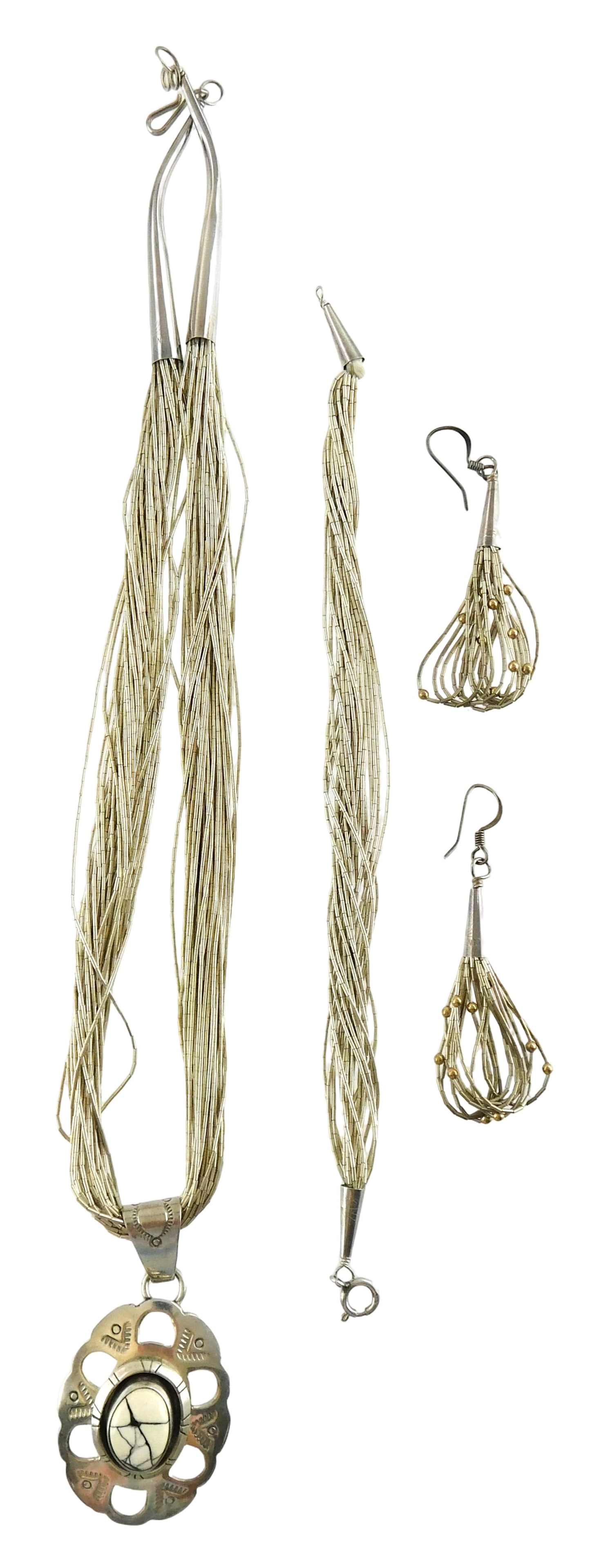 JEWELRY: Four pieces of Robert Johnson (Native American, b. 1968) liquid silver Navajo southwest: JEWELRY: Four pieces of Robert Johnson (Native American, b. 1968) liquid silver Navajo southwest jewelry, including a multi strand pendent necklace with one white buffalo stone, set in sterling silver