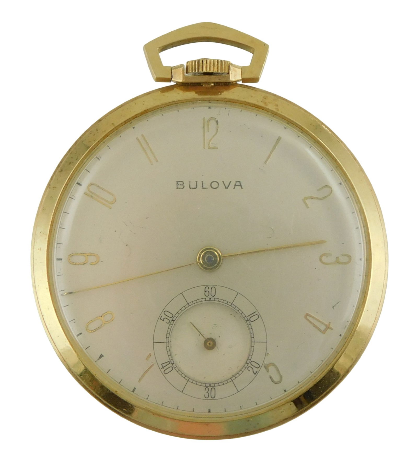 JEWELRY: 14K Bulova pocket watch, stem wind and set movement is signed "Bulova Watch Co., 17AH, 17: JEWELRY: 14K Bulova pocket watch, stem wind and set movement is signed "Bulova Watch Co., 17AH, 17 Seventeen Jewels, Swiss, Unadjusted", open face case is stamped and tested "14K Solid Gold" yellow go
