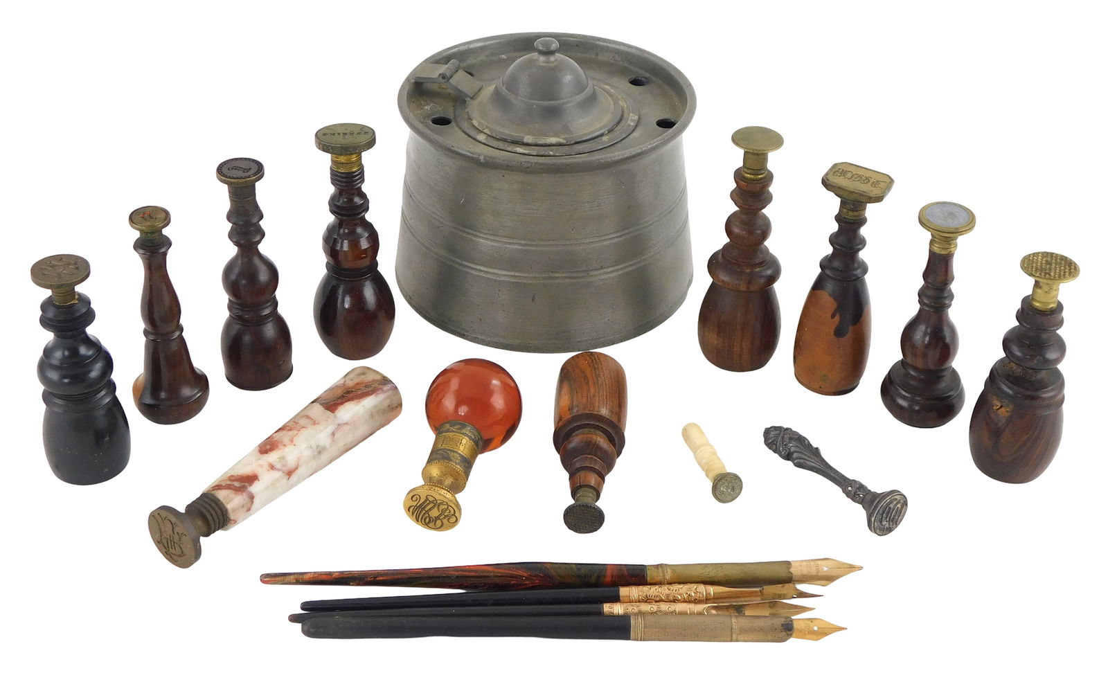 Large pewter inkwell with thirteen wax seal stamps, and four dip pens, including: pewter hinged lid (1 of 4)