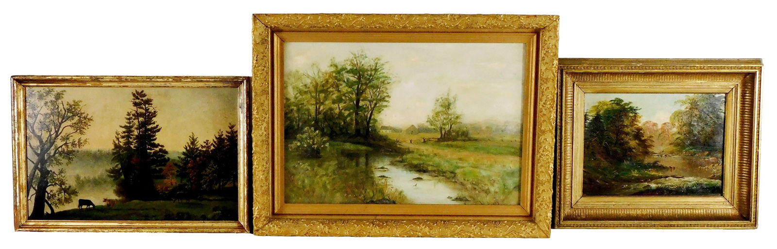 Three 19th C. framed landscape paintings, including: oil on panel of stream running through (1 of 7)