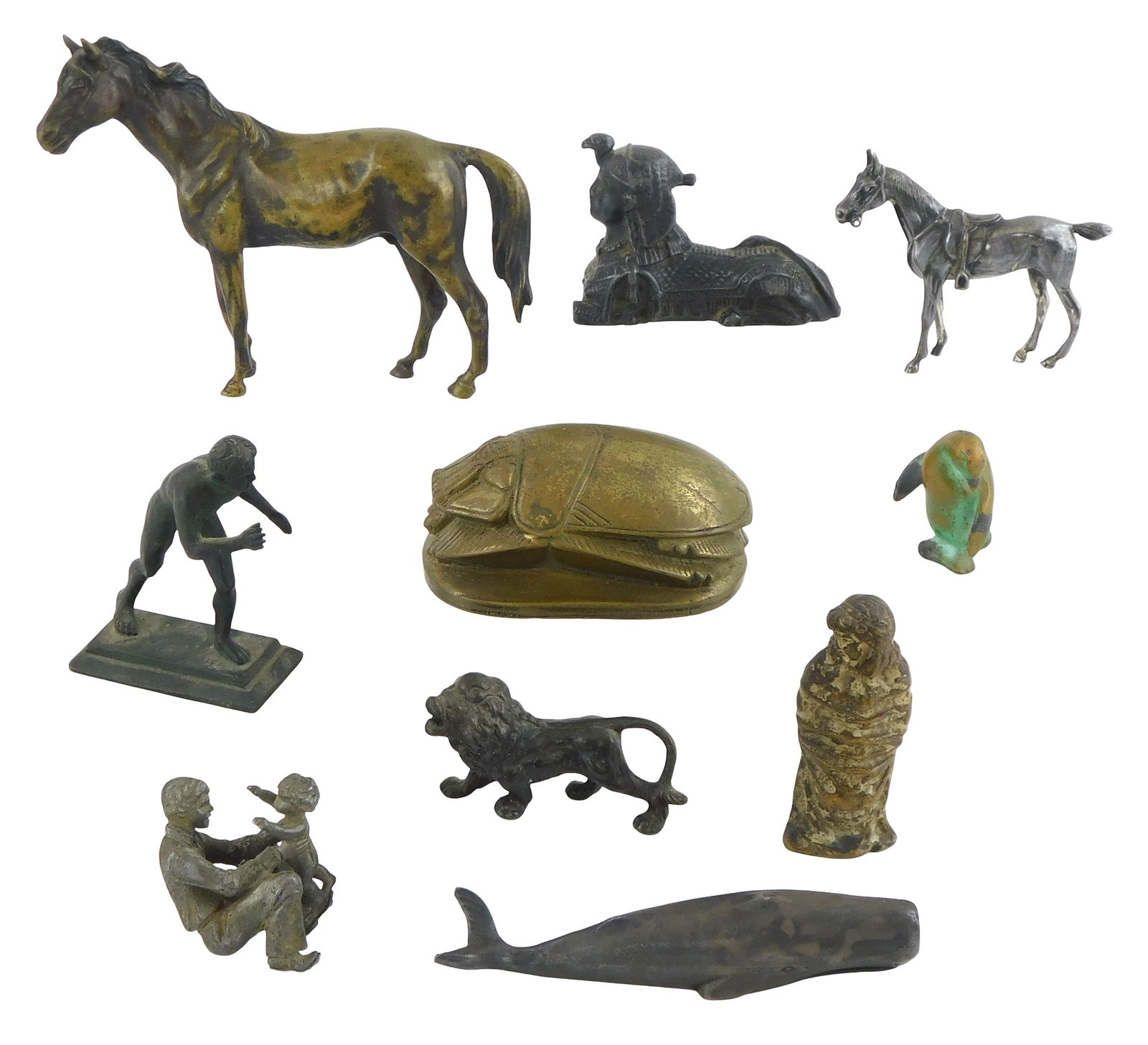 Cast and other metal figurines, ten pieces total, details include: horse with golden rubbed finish, (1 of 4)