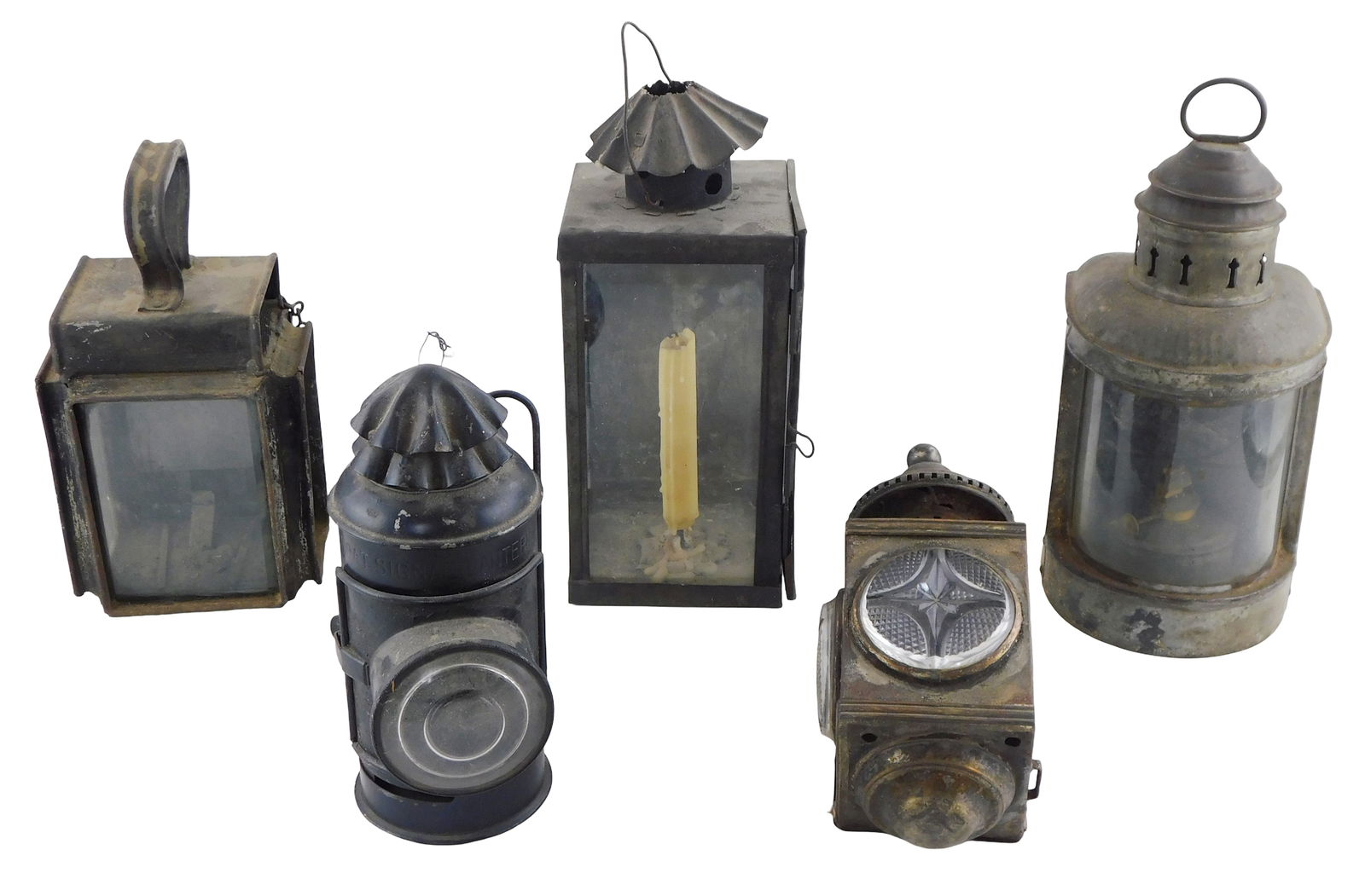 Five early metal and glass lanterns, including: lantern with patterned glass lenses, marked (1 of 5)