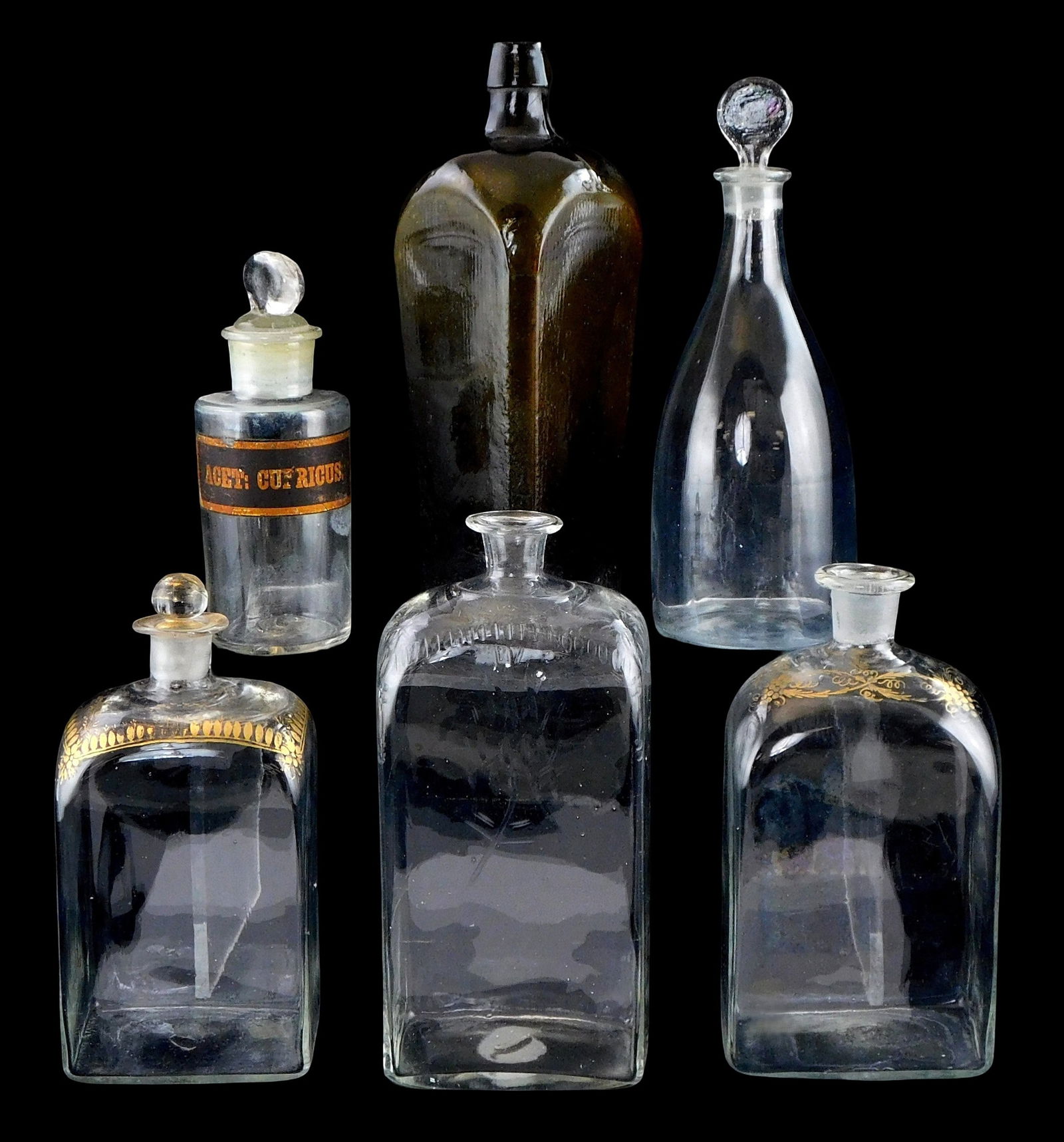 Six 19th C. glass bottles, including: amber gin bottle; three mid-19th C. clear decanters; medicine (1 of 5)